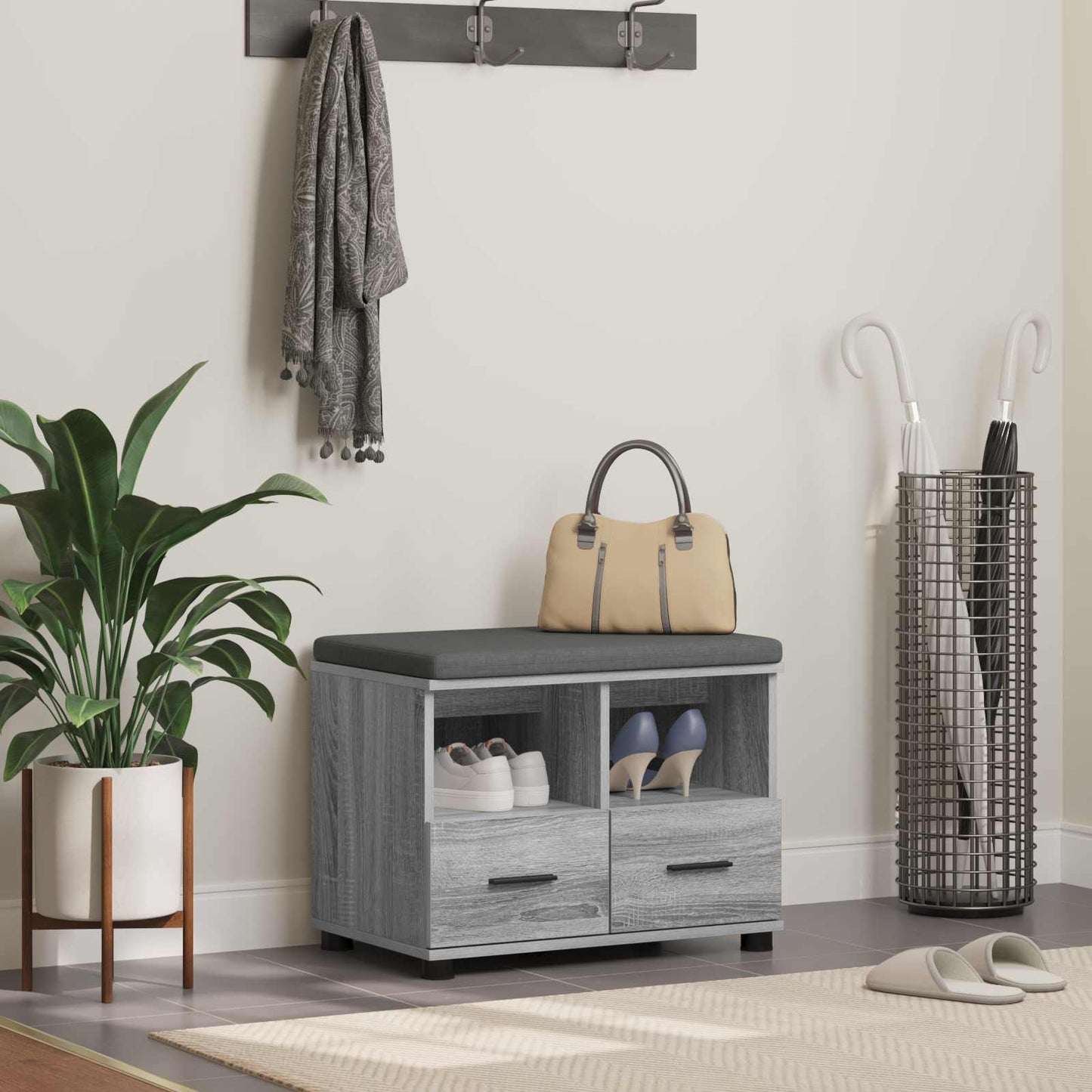vidaXL Hall Bench with Cushion with Drawer Grey Sonoma 60 x 38 x 46 cm