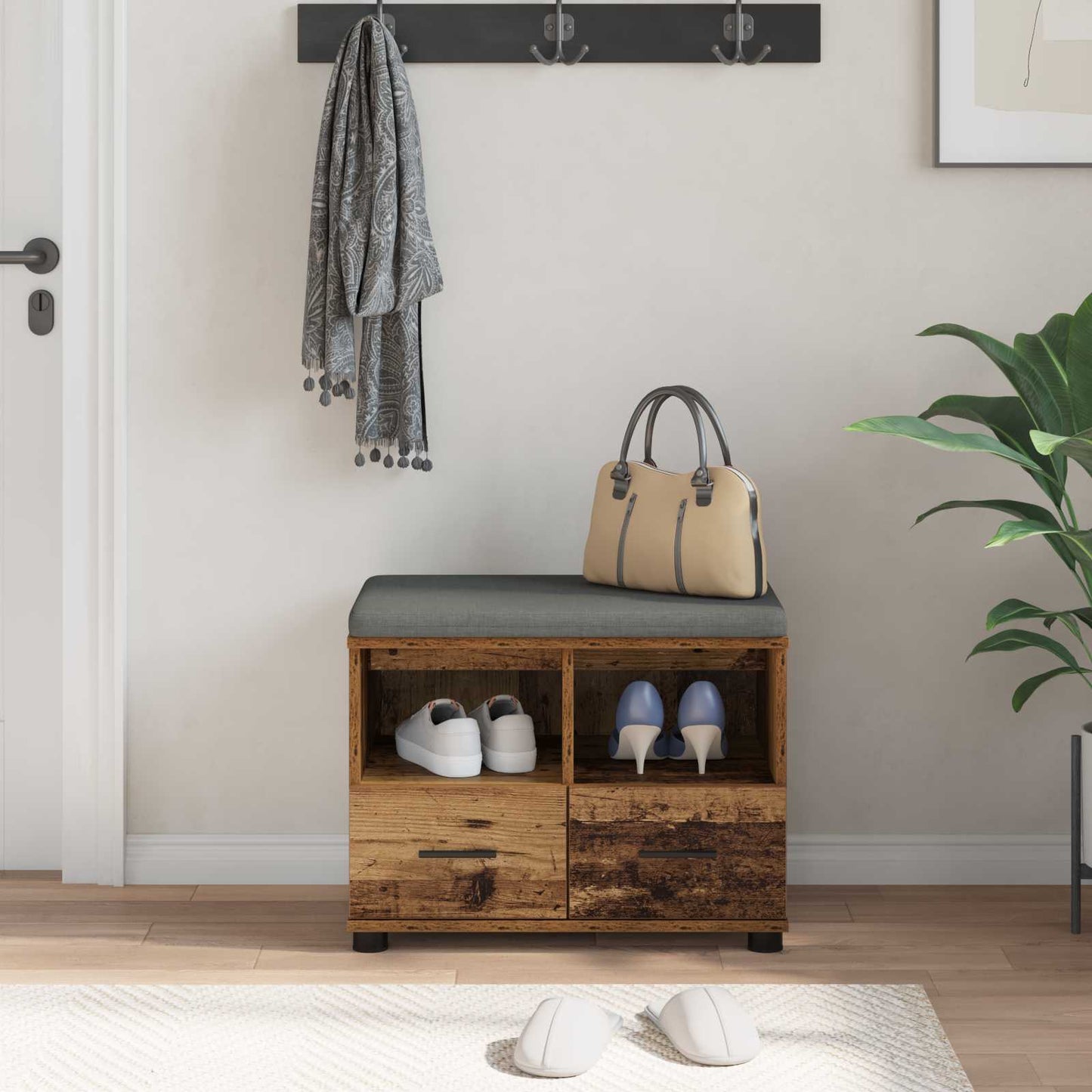 vidaXL Hall Bench Old Wood 60 x 38 x 46 cm Engineered Wood and Fabric
