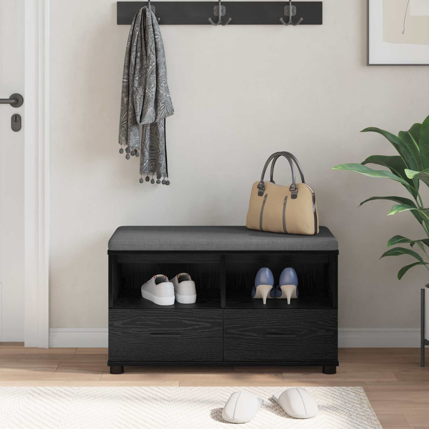 vidaXL Hall Bench Black Oak 80 x 38 x 46 cm Engineered Wood and Fabric
