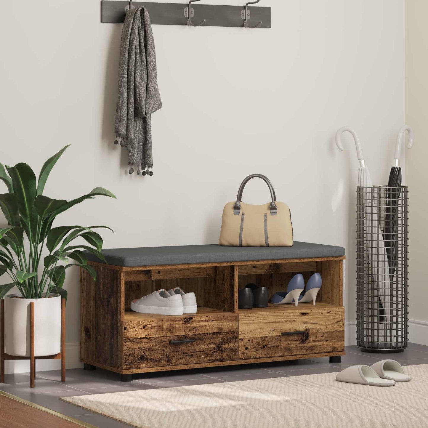 vidaXL Hall Bench Old Wood 100 x 38 x 46 cm Engineered Wood and Fabric