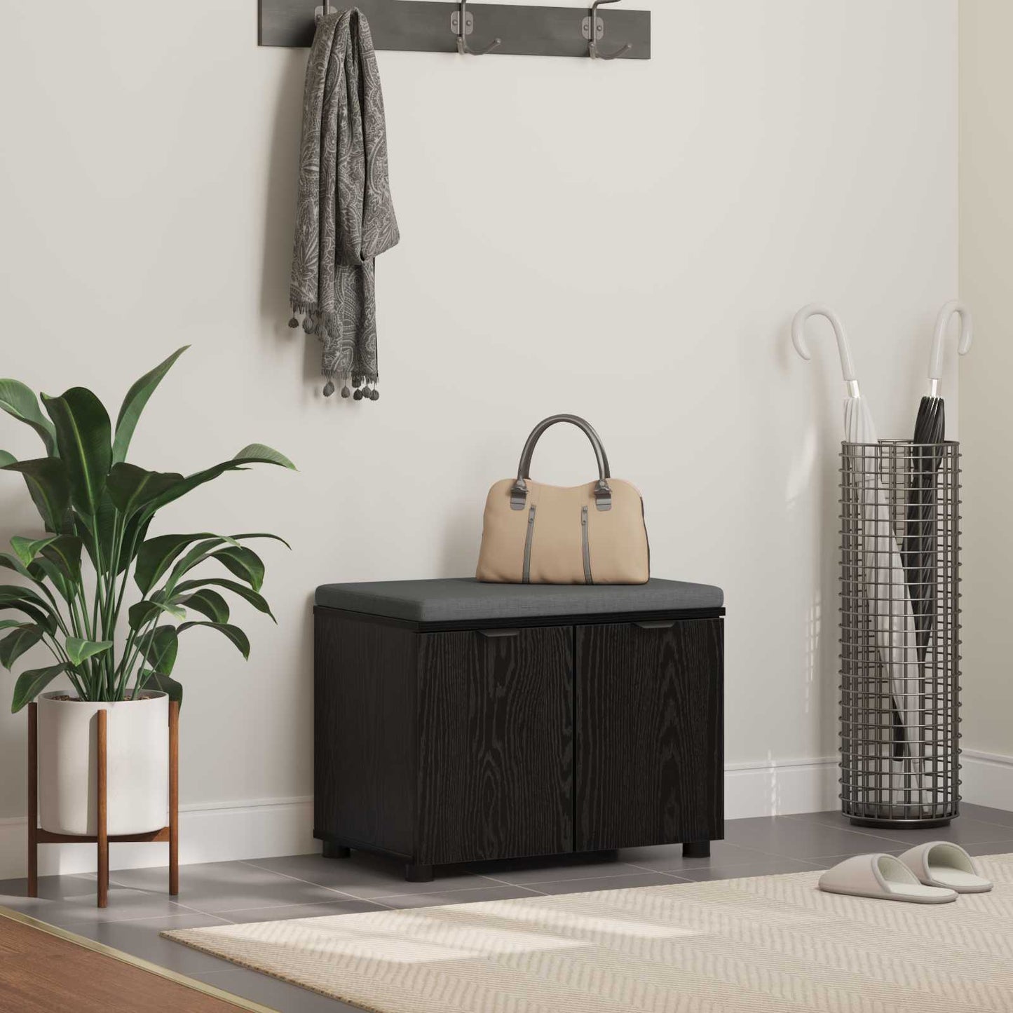 vidaXL Hall Bench Black Oak 60 x 38 x 46 cm Engineered Wood and Fabric