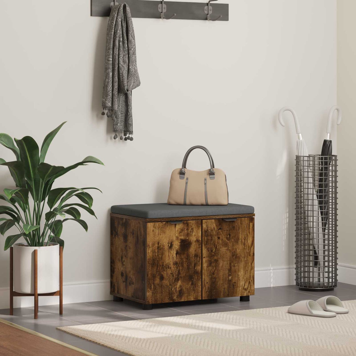 vidaXL Hall Bench with Cushion with Shelf Smoked Oak 60 x 38 x 46 cm