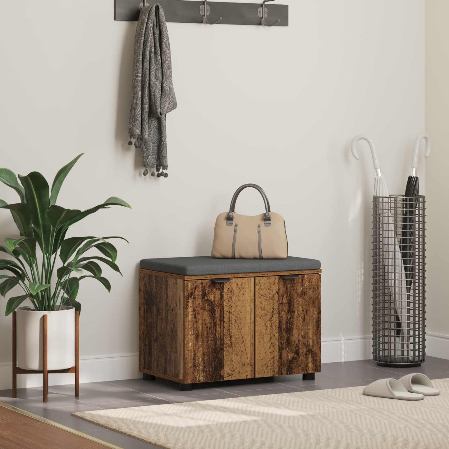 vidaXL Hall Bench Old Wood 60 x 38 x 46 cm Engineered Wood and Fabric