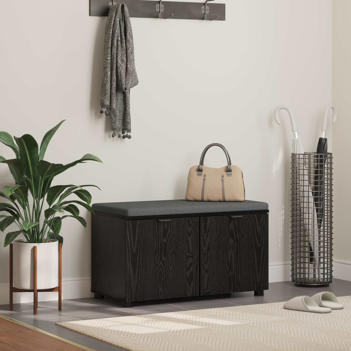 vidaXL Hall Bench Black Oak 80 x 38 x 46 cm Engineered Wood and Fabric
