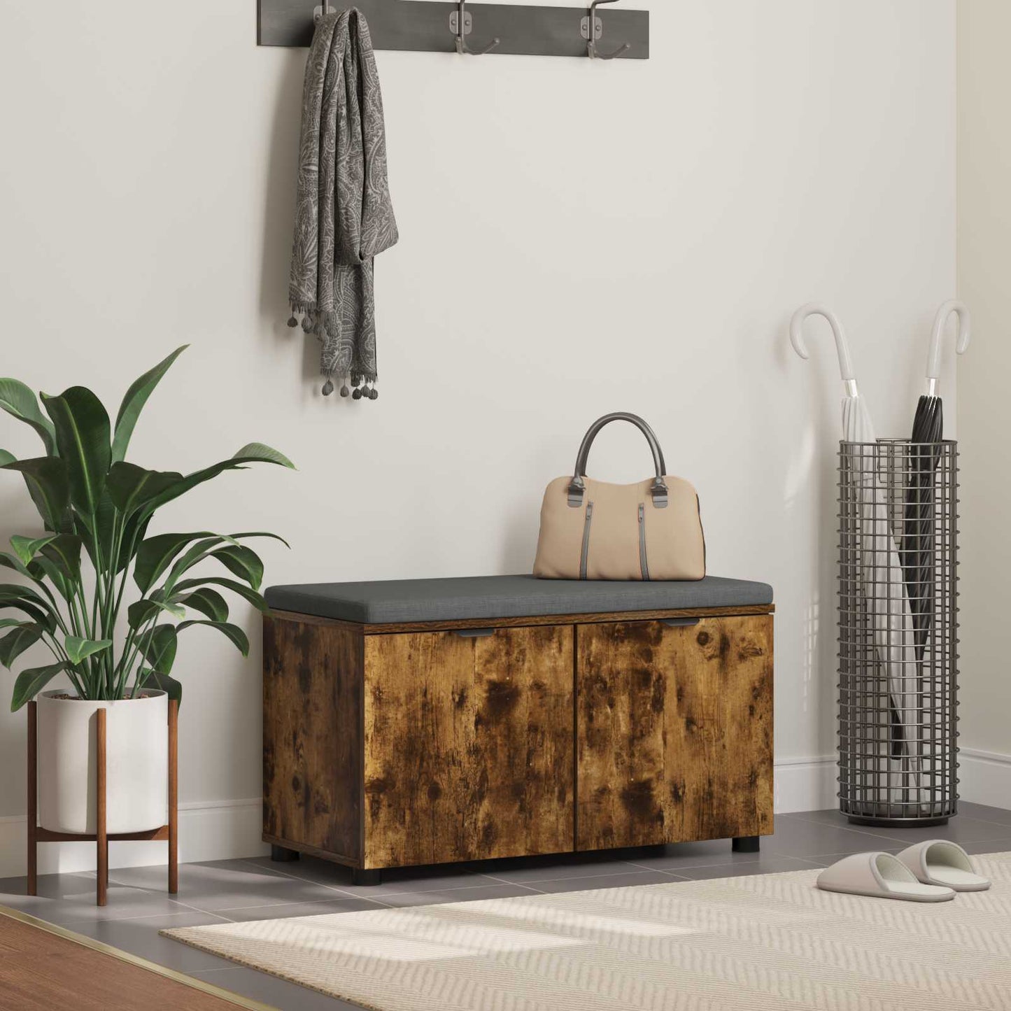 vidaXL Hall Bench with Cushion with Shelf Smoked Oak 80 x 38 x 46 cm