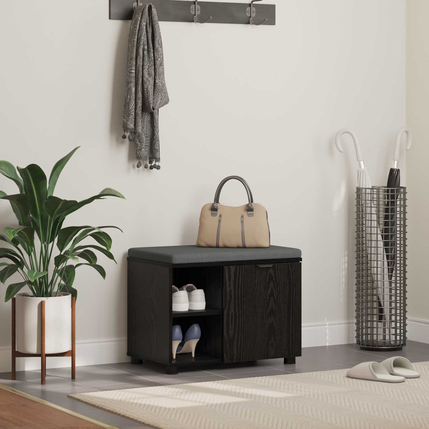 vidaXL Hall Bench Black Oak 60 x 38 x 46 cm Engineered Wood and Fabric