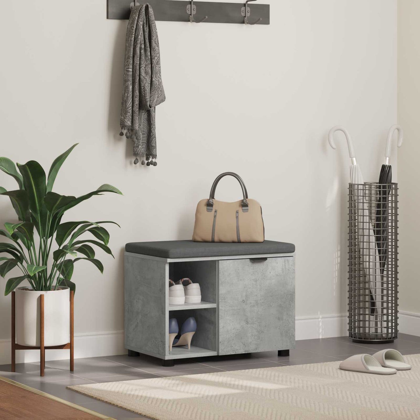 vidaXL Hall Bench with Cushion with Door Concrete Grey 60 x 38 x 46 cm