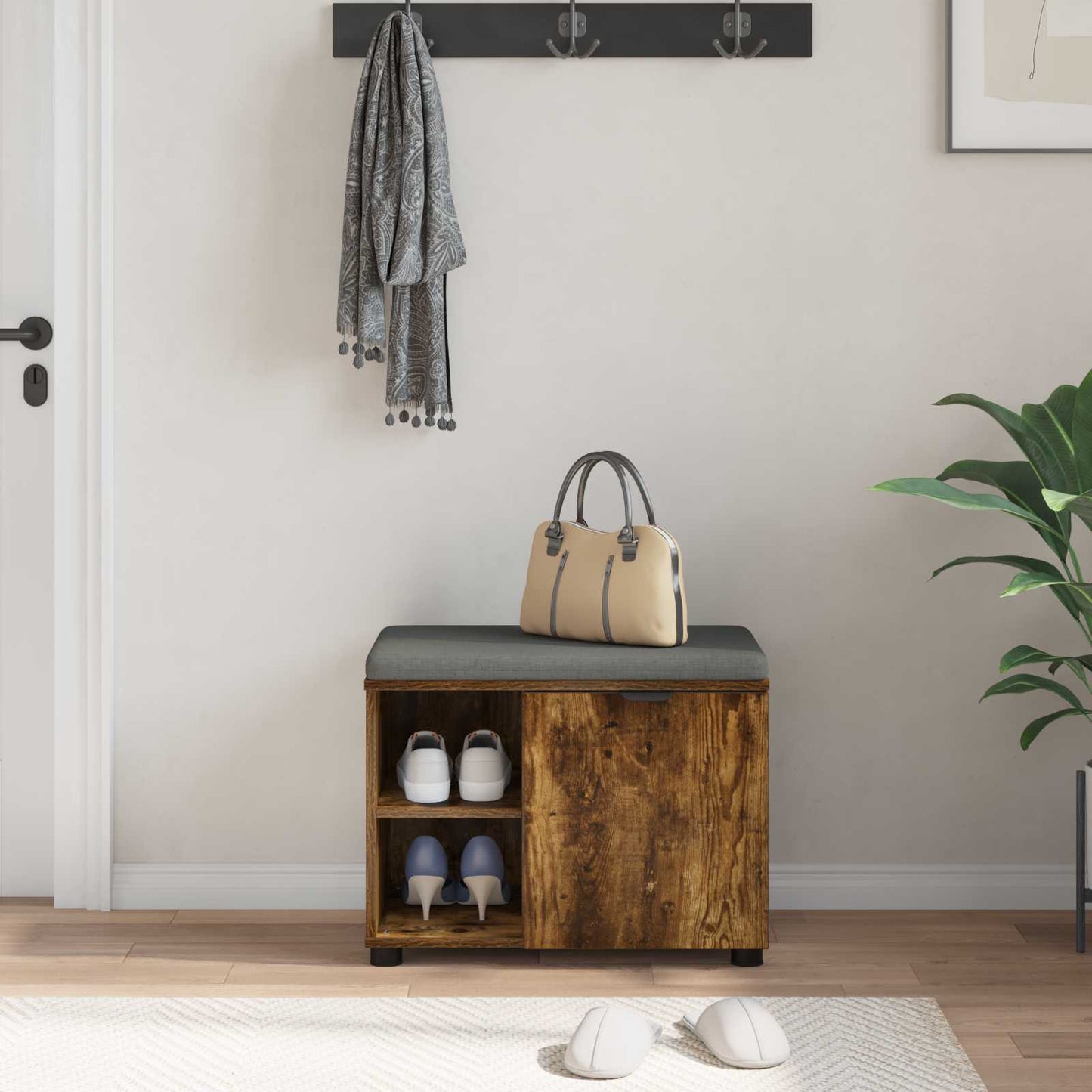 vidaXL Hall Bench with Cushion with Shelf Smoked Oak 60 x 38 x 46 cm
