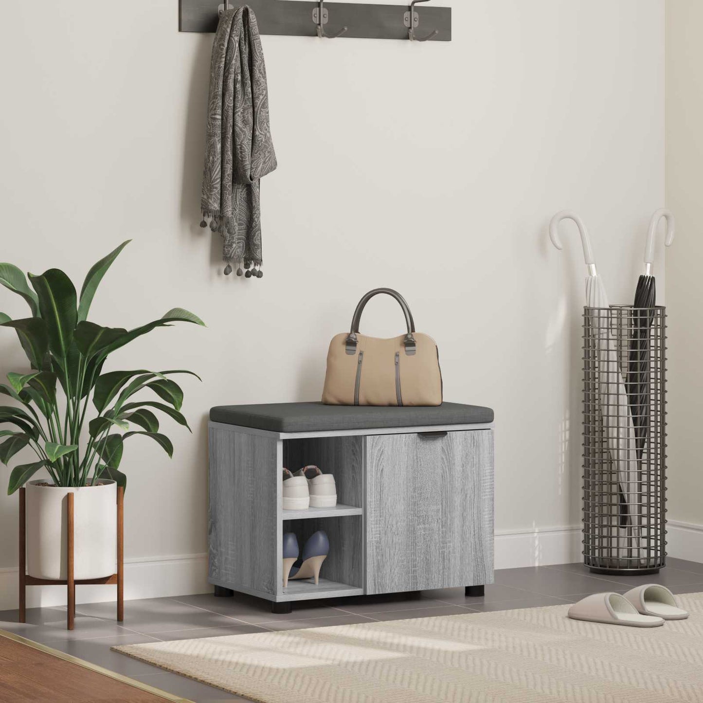 vidaXL Hall Bench with Cushion with Shelf Grey Sonoma 60 x 38 x 46 cm