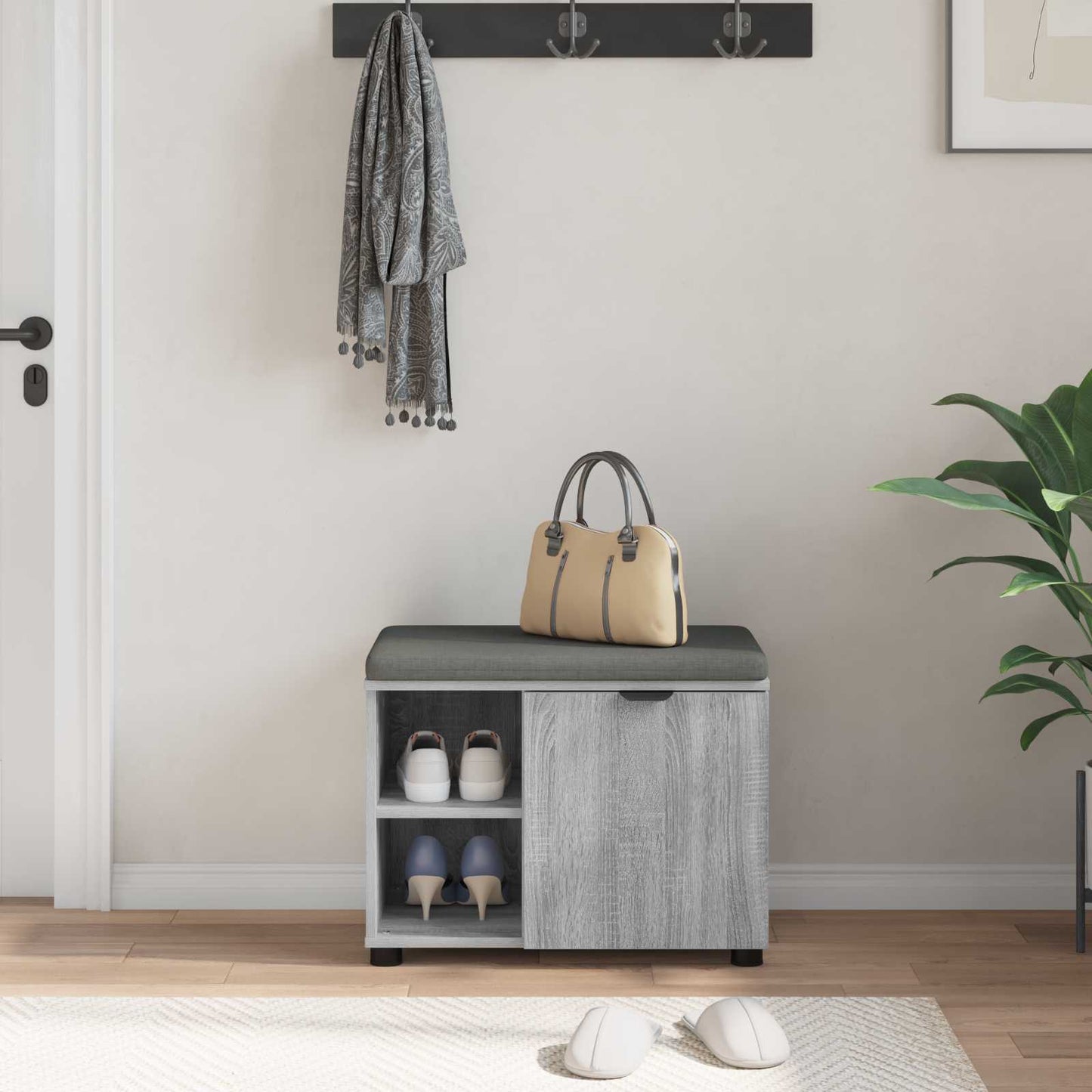vidaXL Hall Bench with Cushion with Shelf Grey Sonoma 60 x 38 x 46 cm