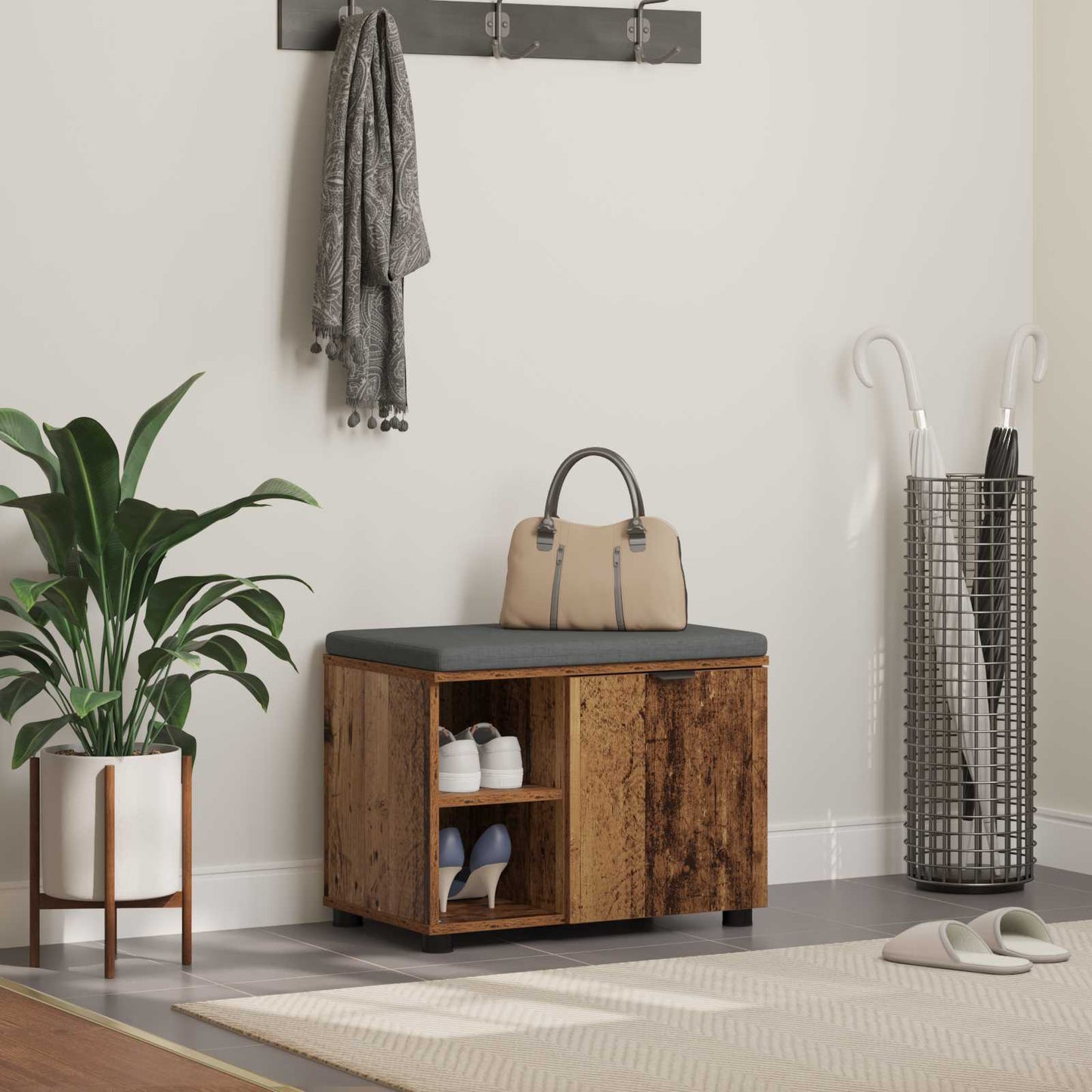 vidaXL Hall Bench Old Wood 60 x 38 x 46 cm Engineered Wood and Fabric