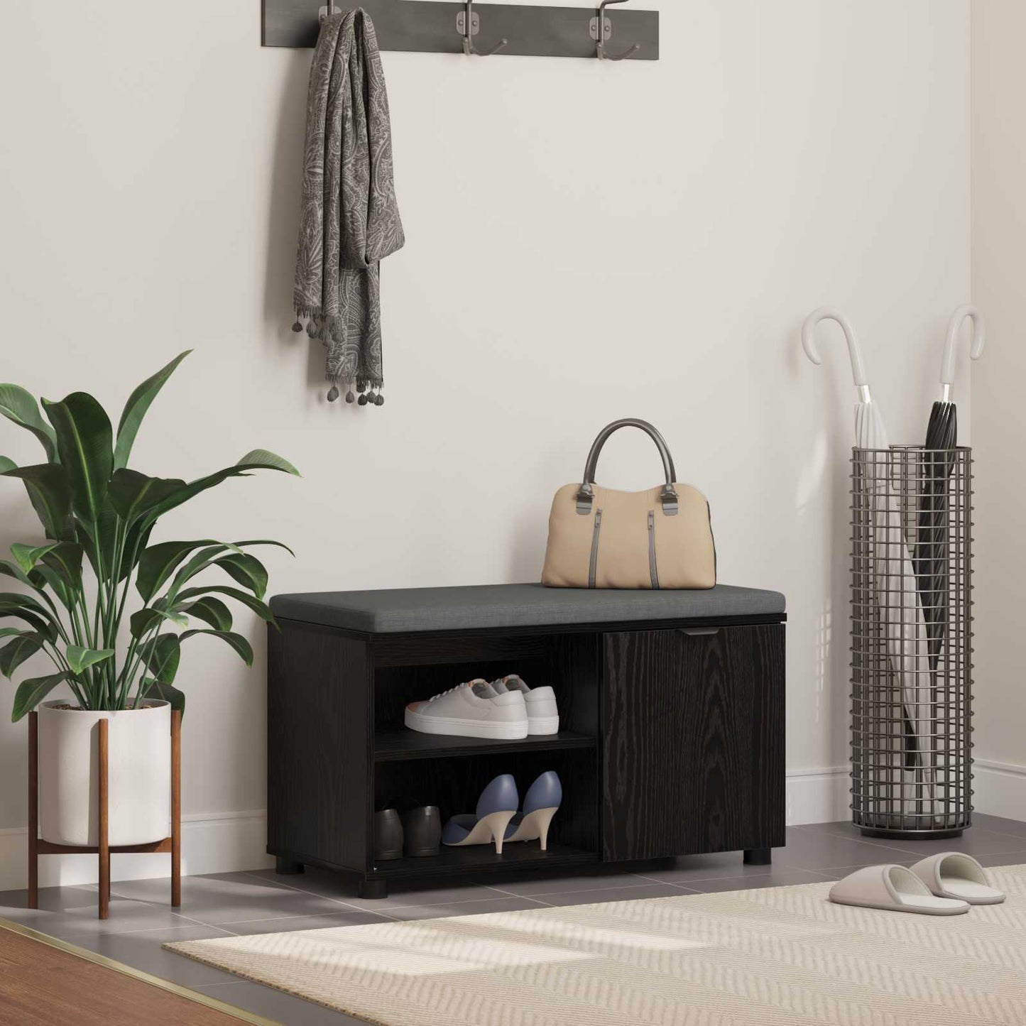 vidaXL Hall Bench Black Oak 80 x 38 x 46 cm Engineered Wood and Fabric