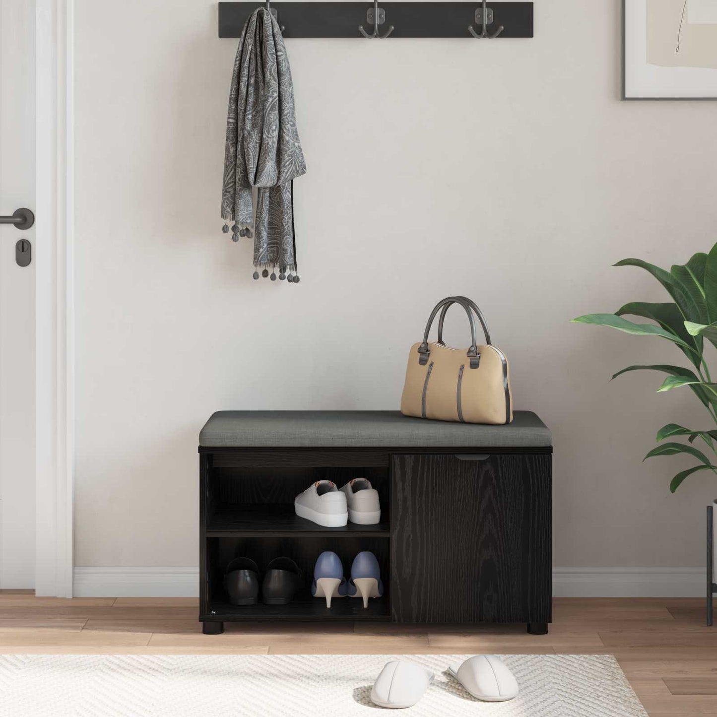vidaXL Hall Bench Black Oak 80 x 38 x 46 cm Engineered Wood and Fabric