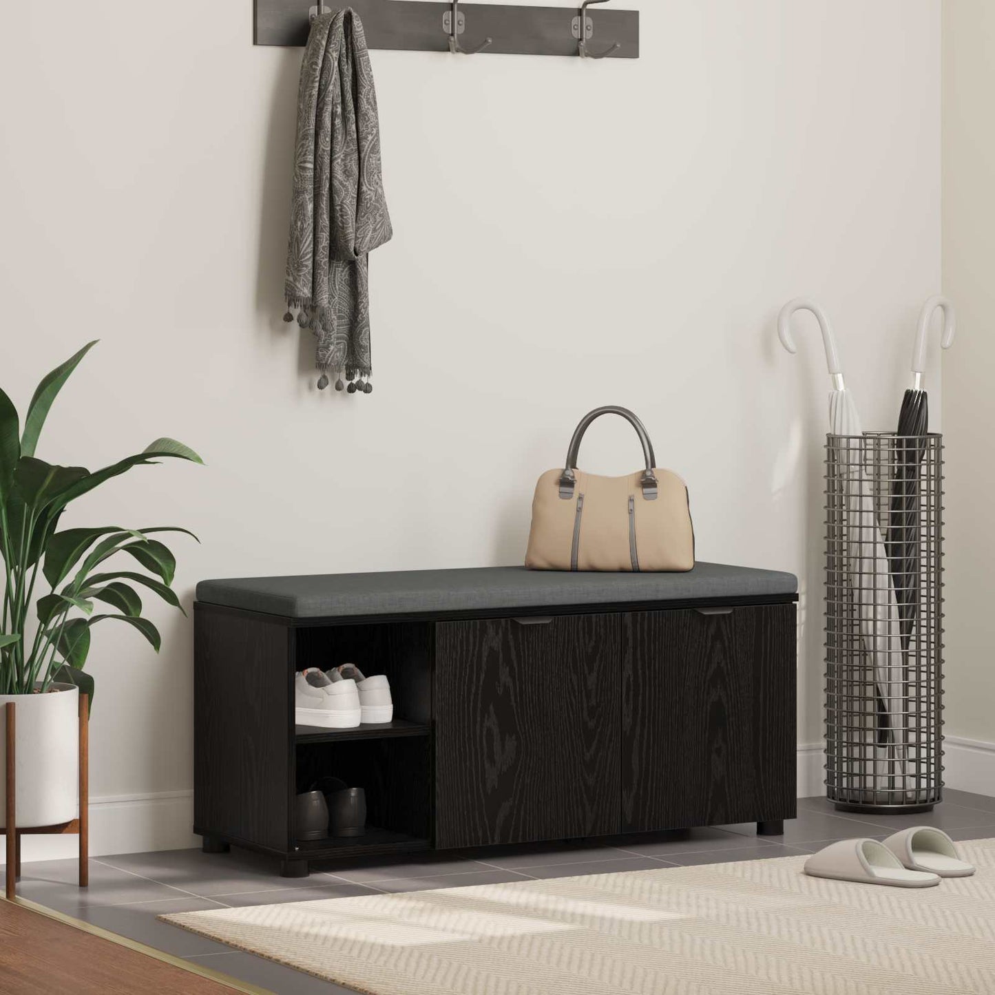 vidaXL Hall Bench with Cushion with Shelf Black Oak 100 x 38 x 46 cm