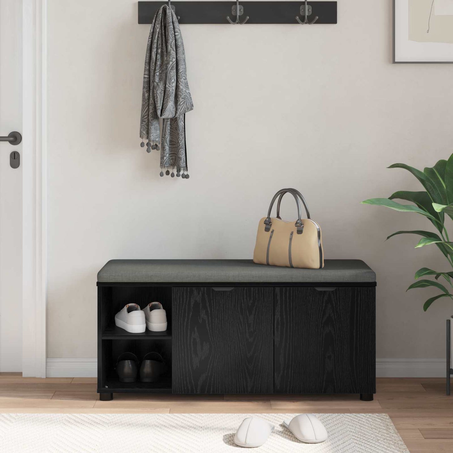 vidaXL Hall Bench with Cushion with Shelf Black Oak 100 x 38 x 46 cm