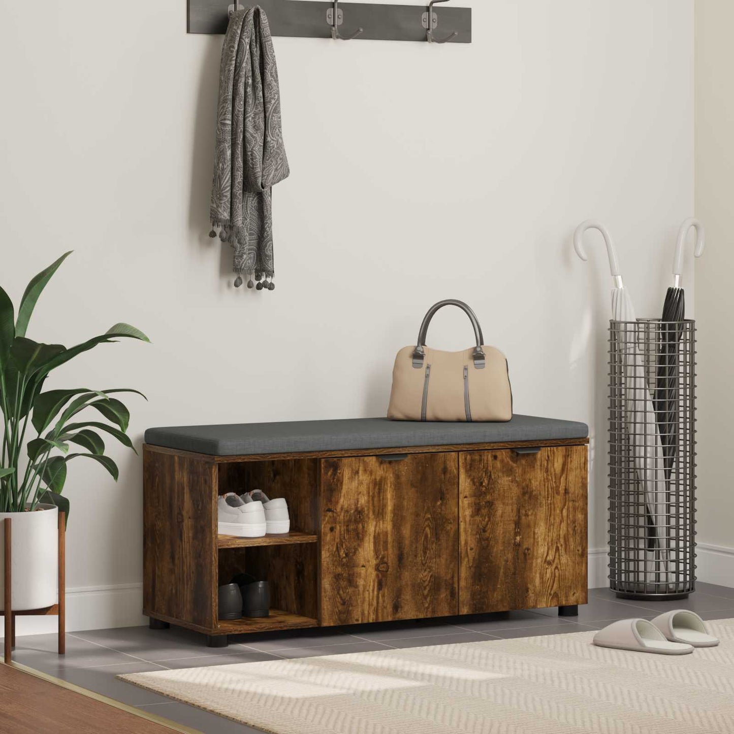 vidaXL Hall Bench with Cushion with Shelf Smoked Oak 100 x 38 x 46 cm