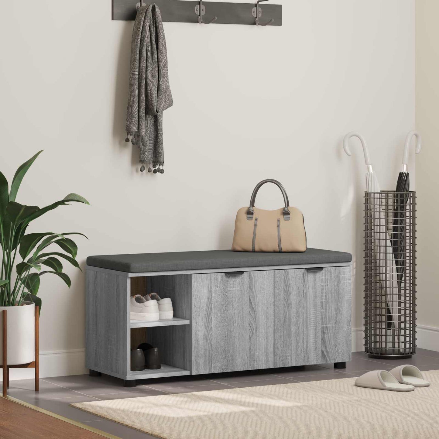 vidaXL Hall Bench with Cushion with Shelf Grey Sonoma 100 x 38 x 46 cm