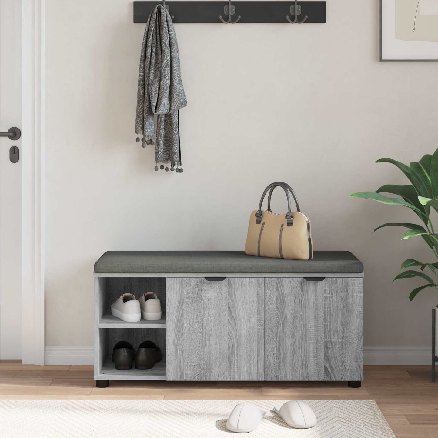 vidaXL Hall Bench with Cushion with Shelf Grey Sonoma 100 x 38 x 46 cm