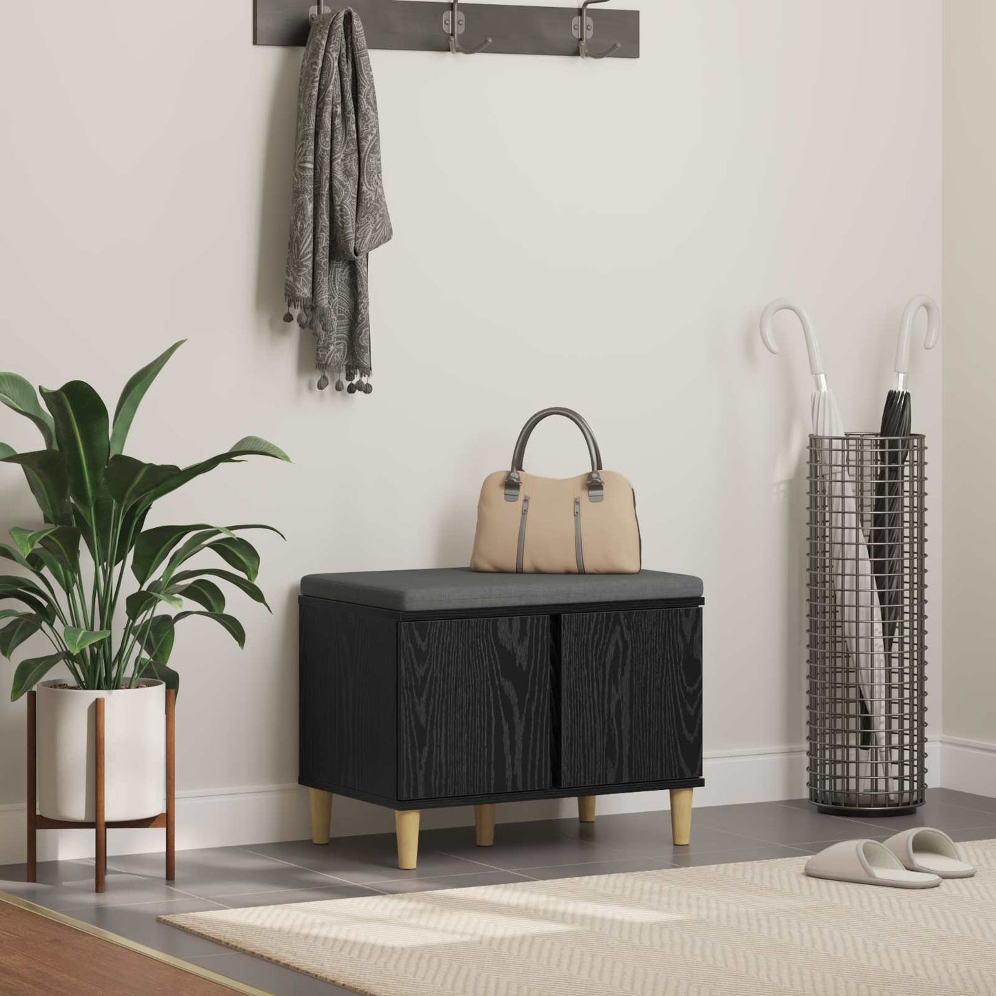 vidaXL Hall Bench Black Oak 60 x 38 x 46 cm Engineered Wood and Fabric