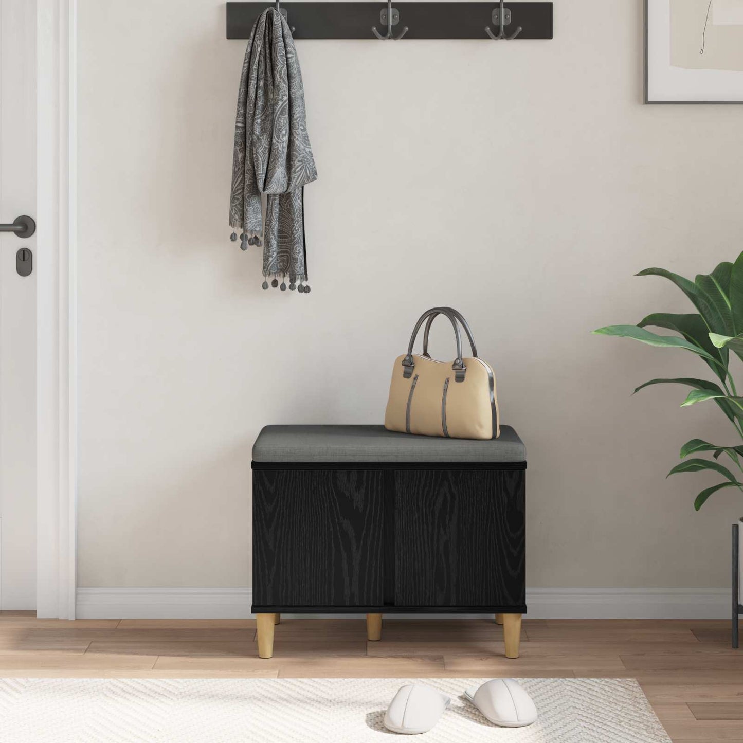 vidaXL Hall Bench Black Oak 60 x 38 x 46 cm Engineered Wood and Fabric
