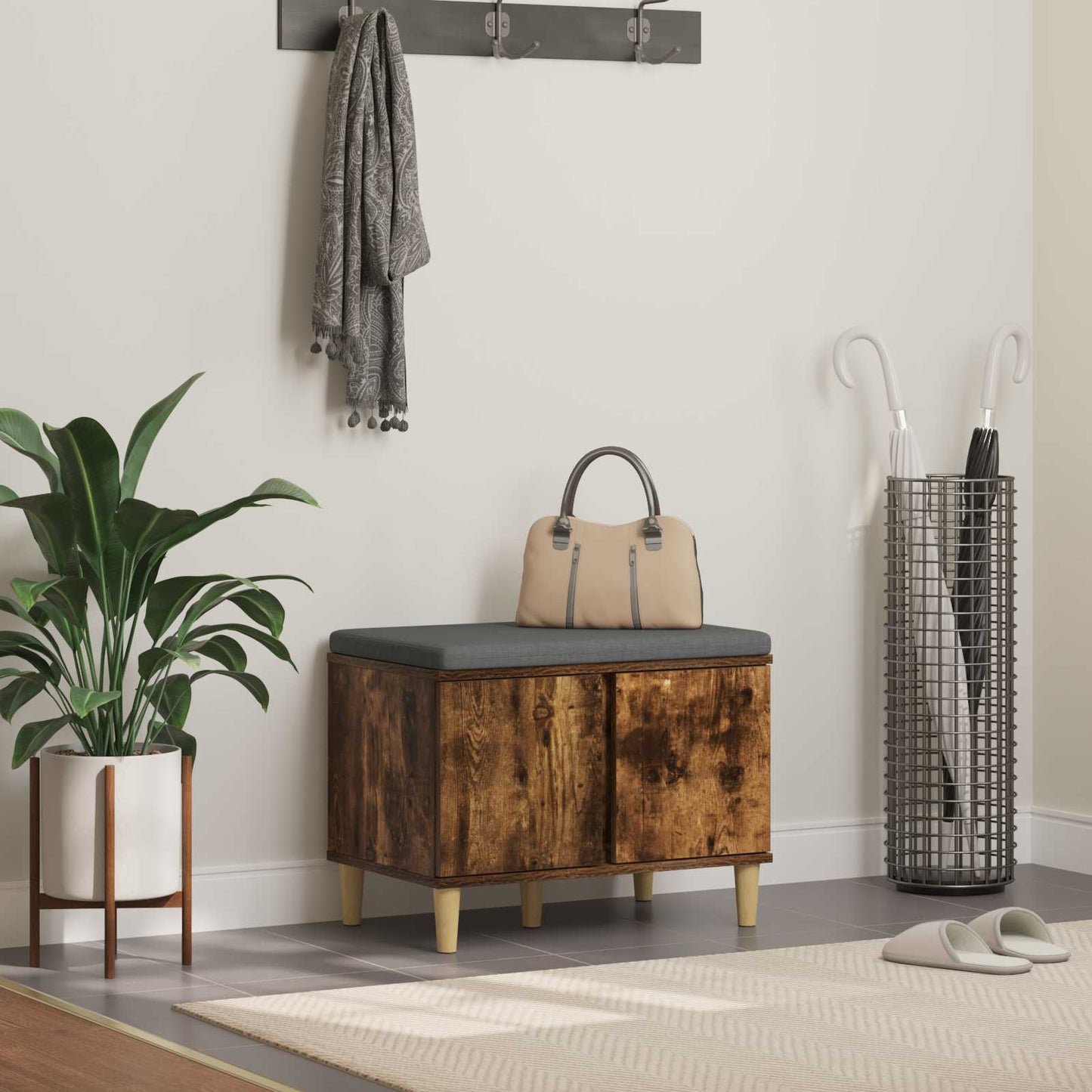 vidaXL Hall Bench with Cushion with Storage Smoked Oak 60 x 38 x 46 cm
