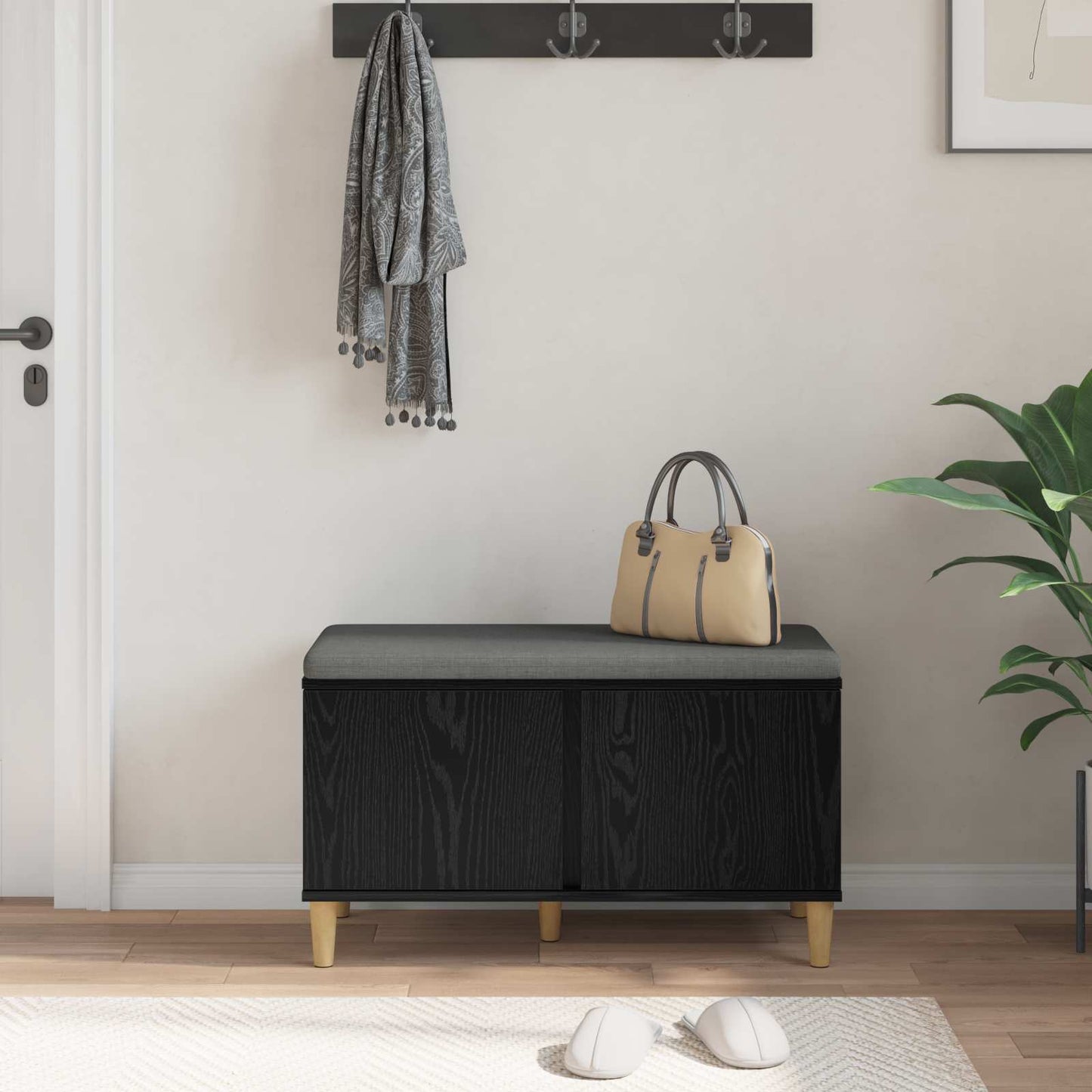 vidaXL Hall Bench Black Oak 80 x 38 x 46 cm Engineered Wood and Fabric