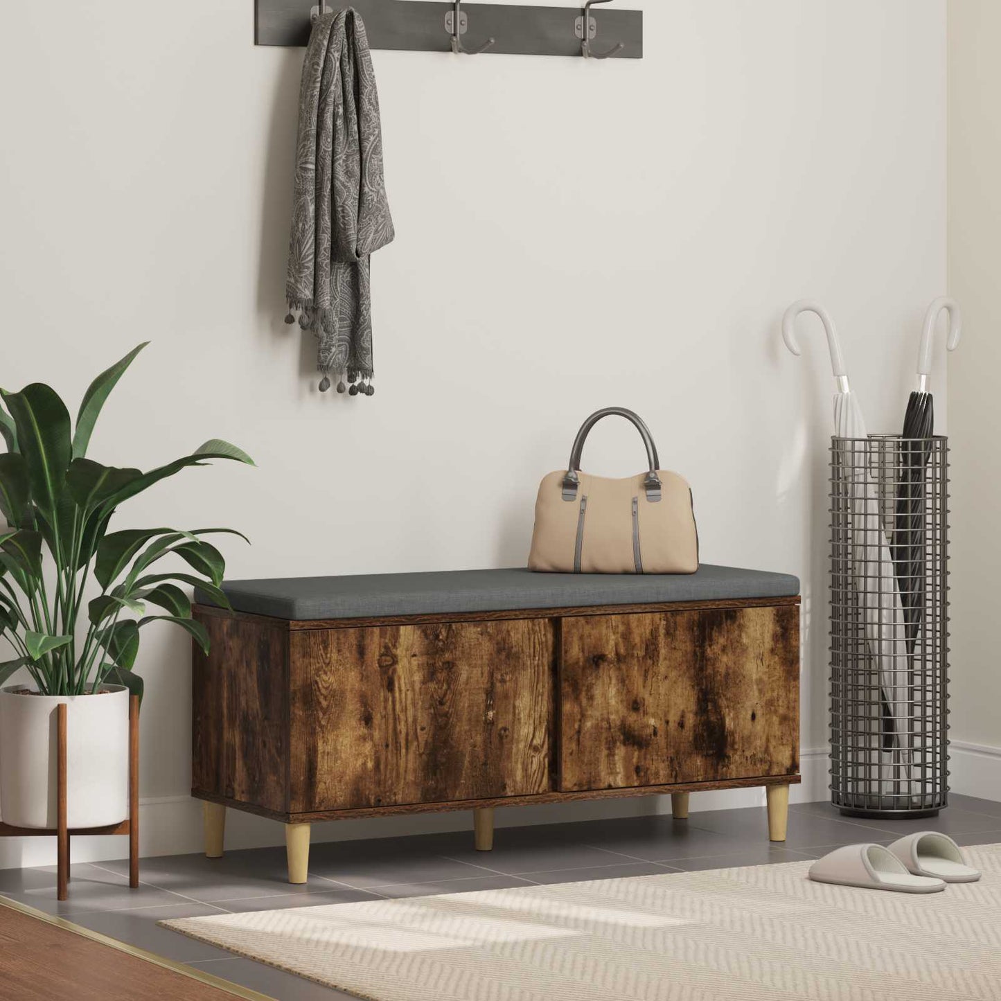 vidaXL Hall Bench with Cushion with Door Smoked Oak 100 x 38 x 46 cm