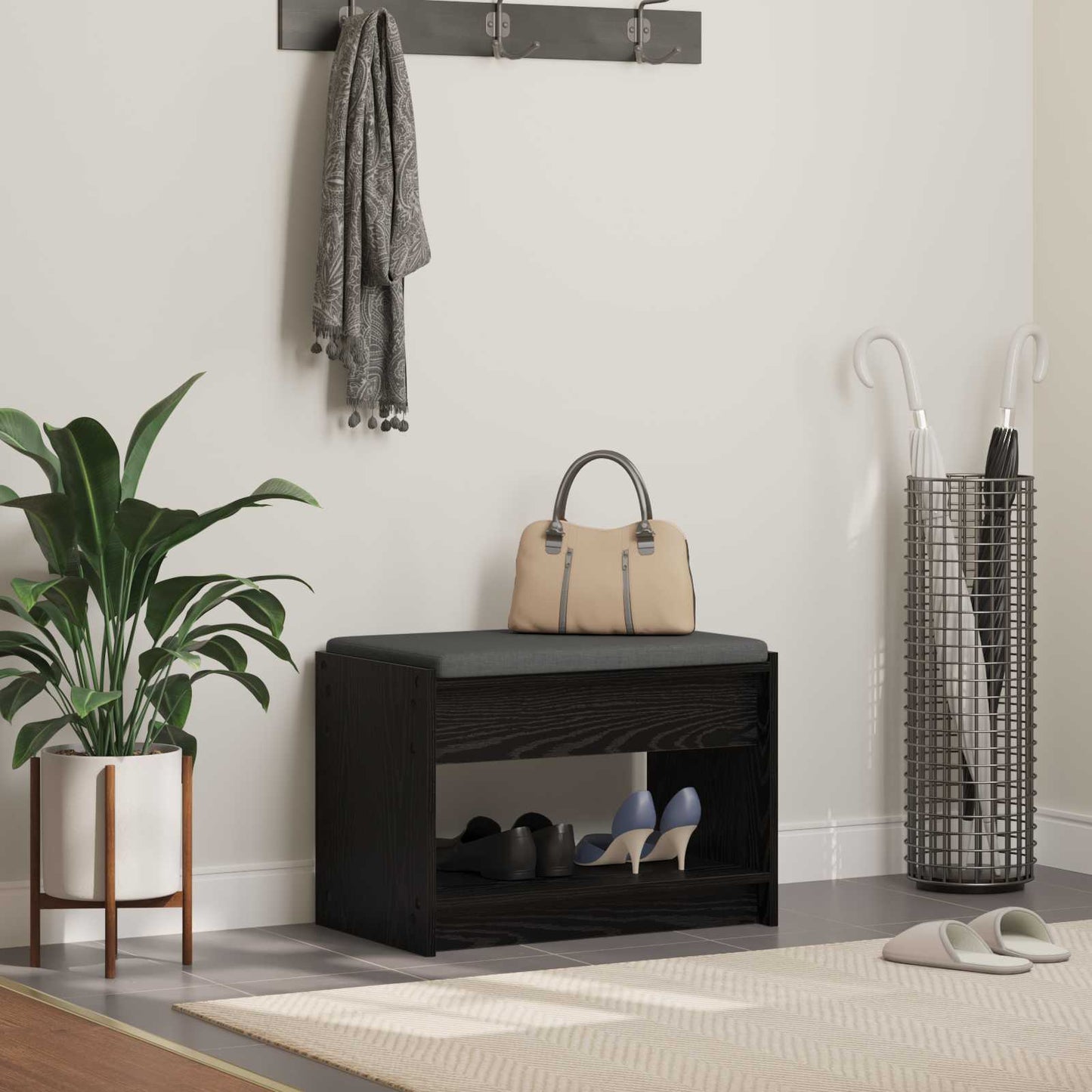 vidaXL Hall Bench Black Oak 63 x 38 x 45 cm Engineered Wood and Fabric