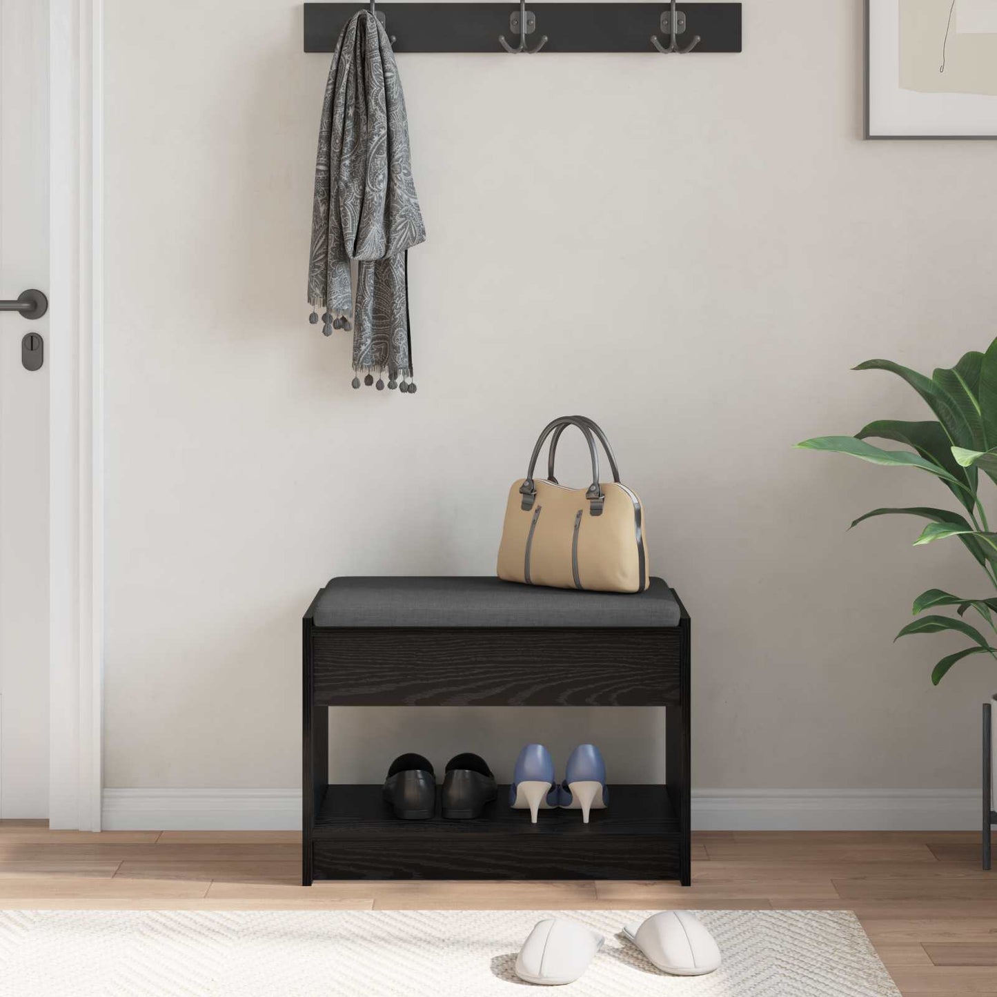 vidaXL Hall Bench Black Oak 63 x 38 x 45 cm Engineered Wood and Fabric