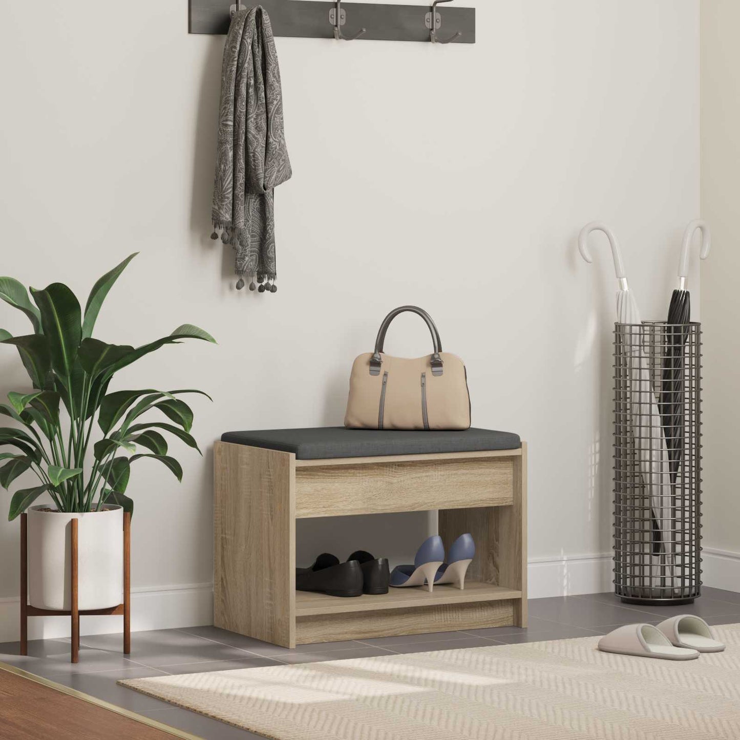 vidaXL Hall Bench with Cushion with Shelf Sonoma Oak 63 x 38 x 45 cm