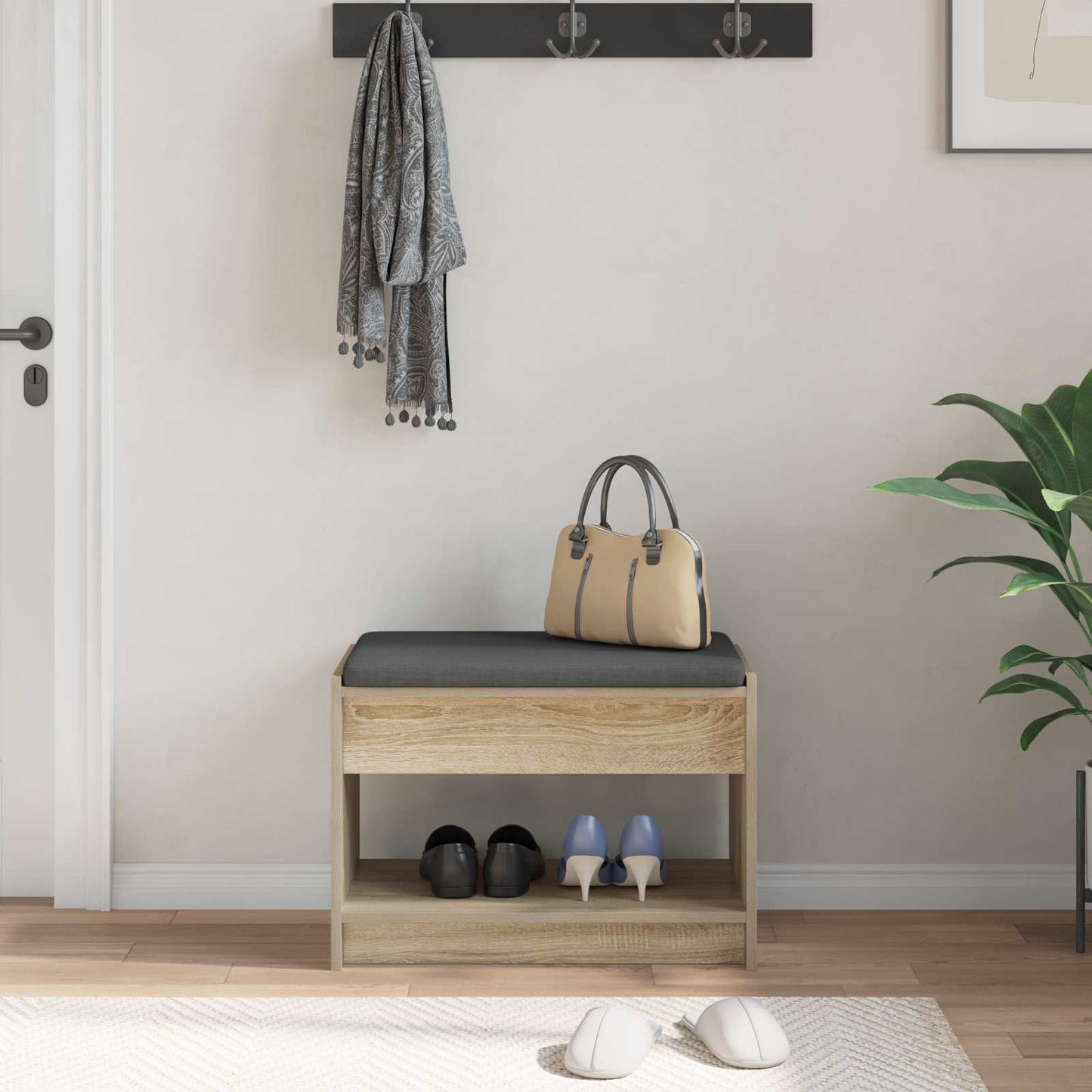 vidaXL Hall Bench with Cushion with Shelf Sonoma Oak 63 x 38 x 45 cm