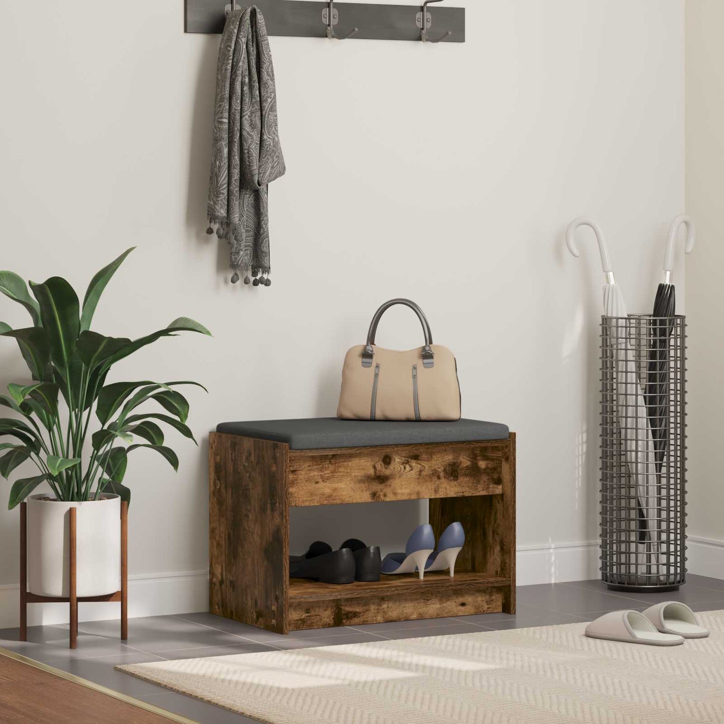vidaXL Hall Bench with Cushion with Shelf Smoked Oak 63 x 38 x 45 cm
