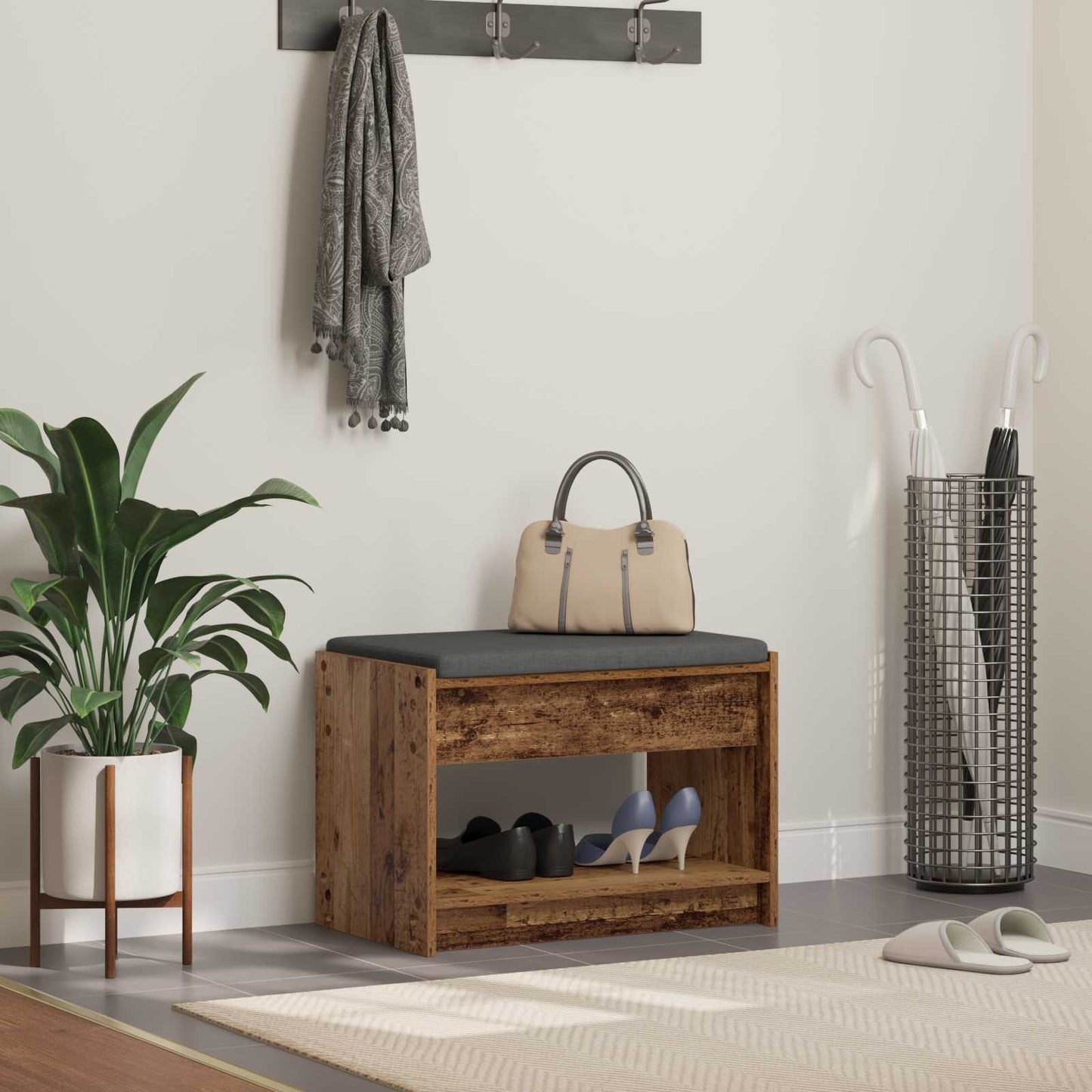 vidaXL Hall Bench Old Wood 63 x 38 x 45 cm Engineered Wood and Fabric