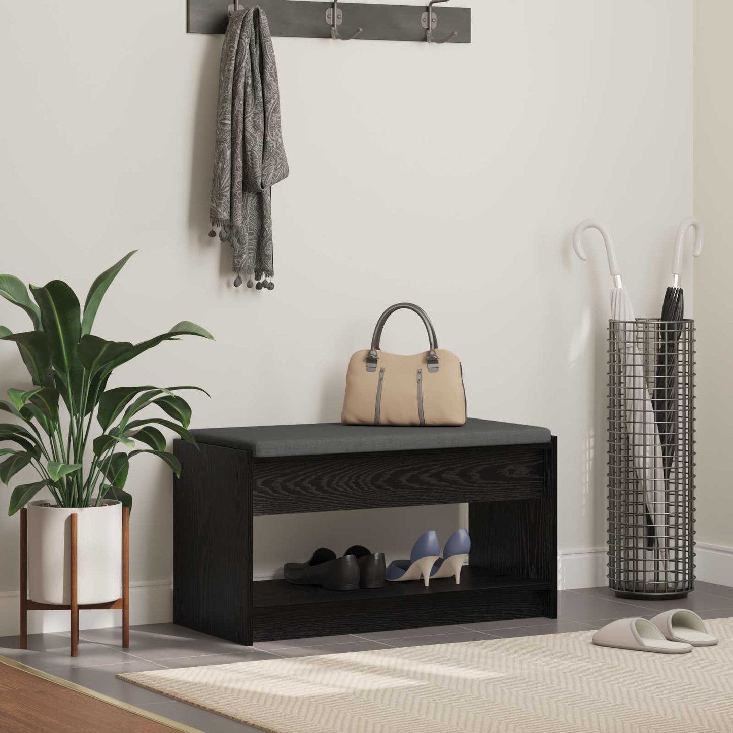 vidaXL Hall Bench Black Oak 83 x 38 x 45 cm Engineered Wood and Fabric