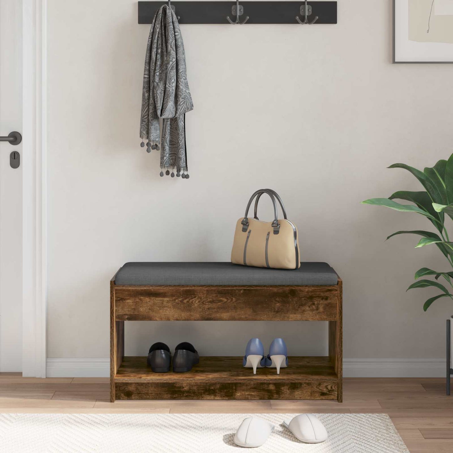 vidaXL Hall Bench with Cushion with Shelf Smoked Oak 83 x 38 x 45 cm