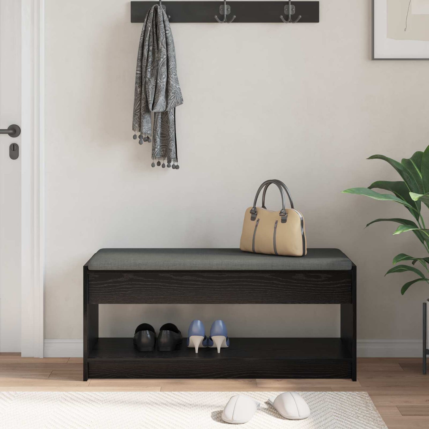 vidaXL Hall Bench with Cushion with Shelf Black Oak 103 x 38 x 45 cm