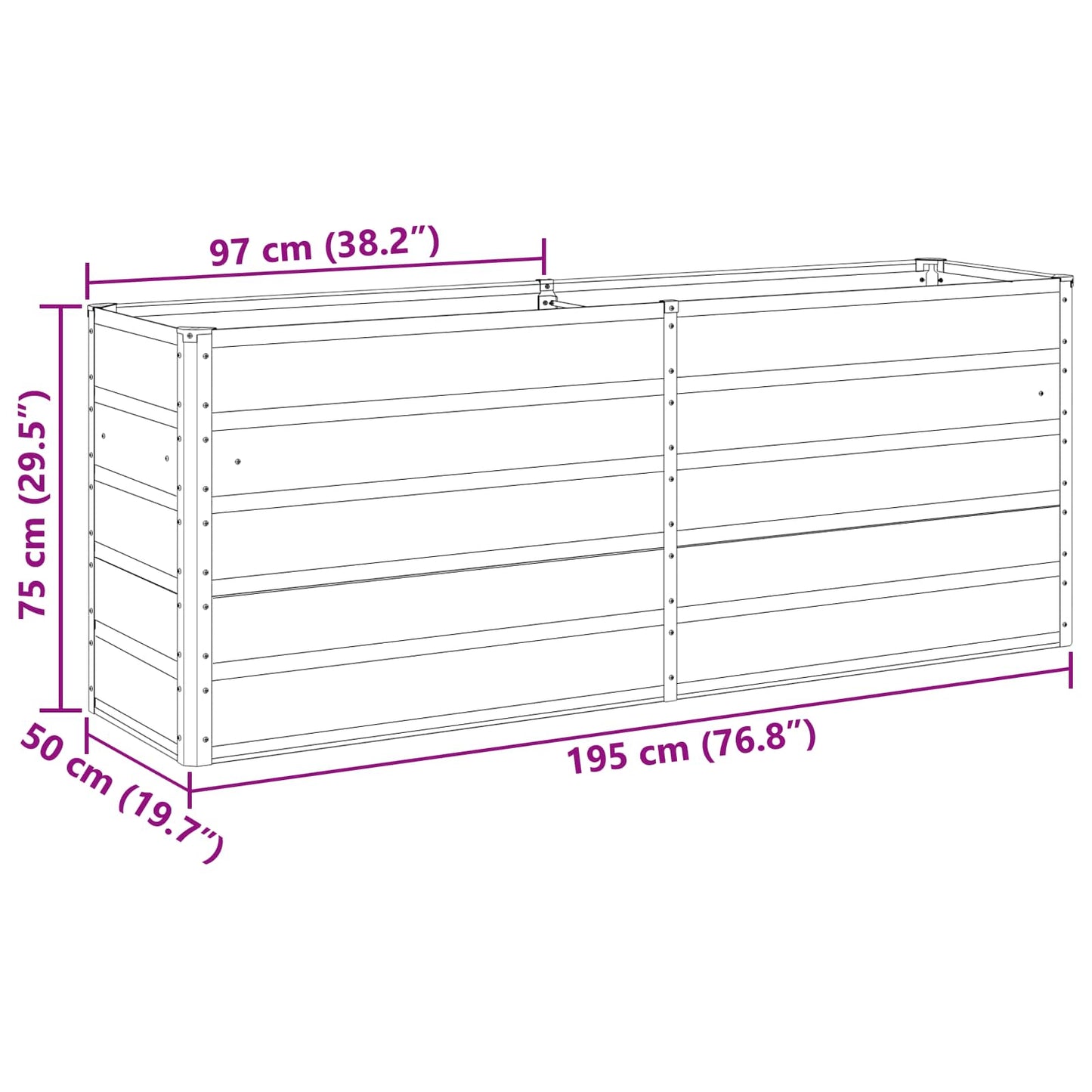 vidaXL Planter Ivory 195 x 50 x 75 cm Galvanised Steel
