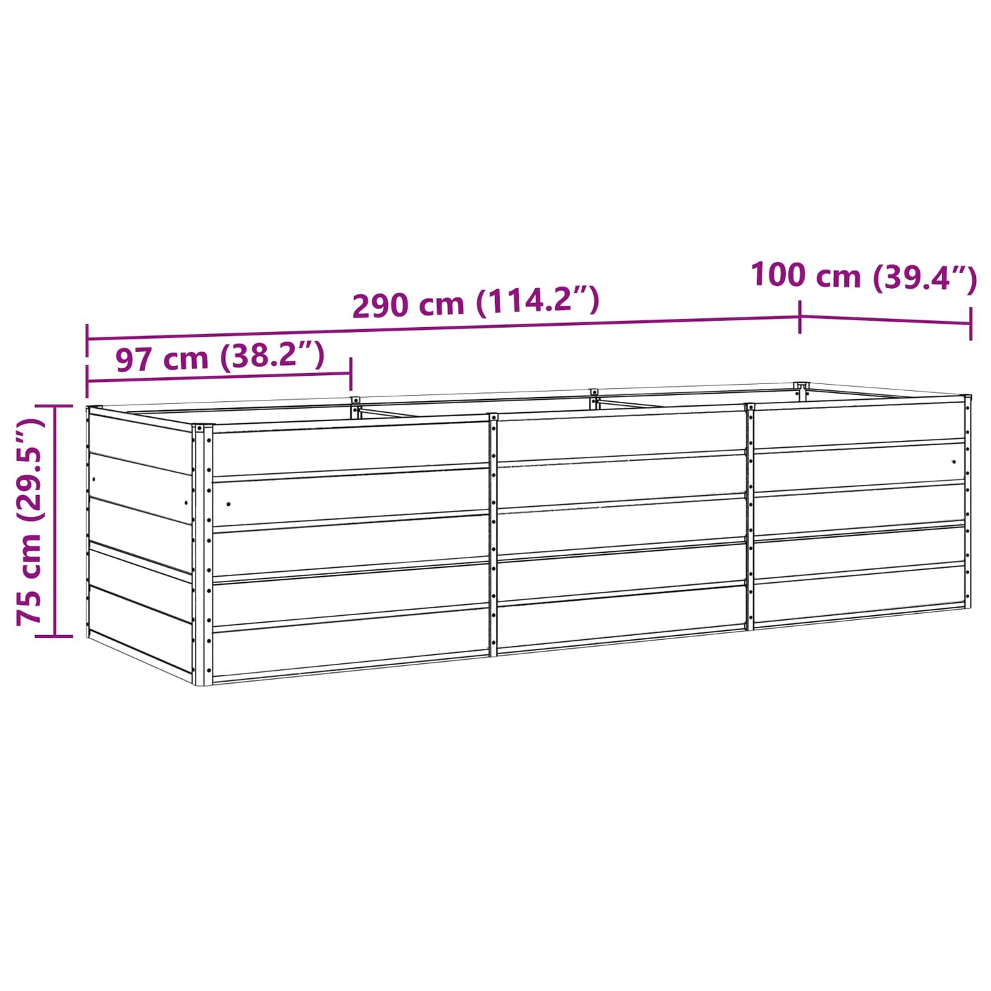 vidaXL Planter Light Grey 290 x 100 x 75 cm Galvanised Steel