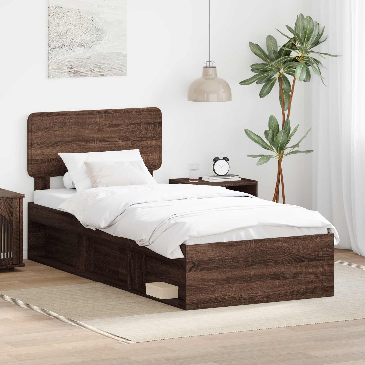 vidaXL Bed Frame with Headboard Brown Oak 100 x 200 cm Solid Pine Wood