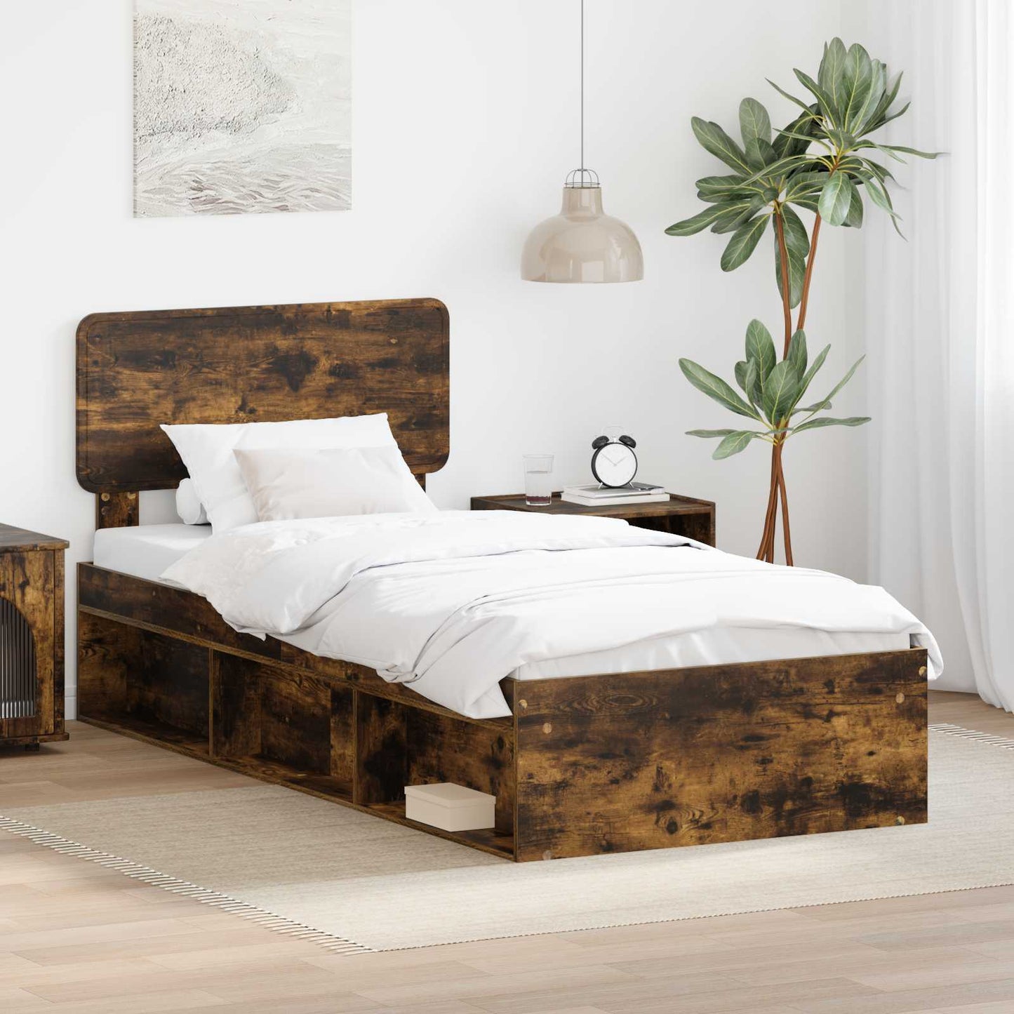vidaXL Bed Frame with Headboard Smoked Oak 90 x 200 cm Solid Pine Wood