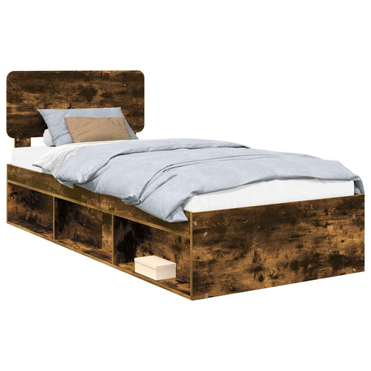 vidaXL Bed Frame with Headboard Smoked Oak 90 x 200 cm Solid Pine Wood