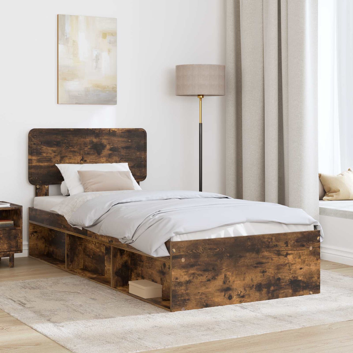 vidaXL Bed Frame with Headboard Smoked Oak 90 x 190 cm Solid Pine Wood