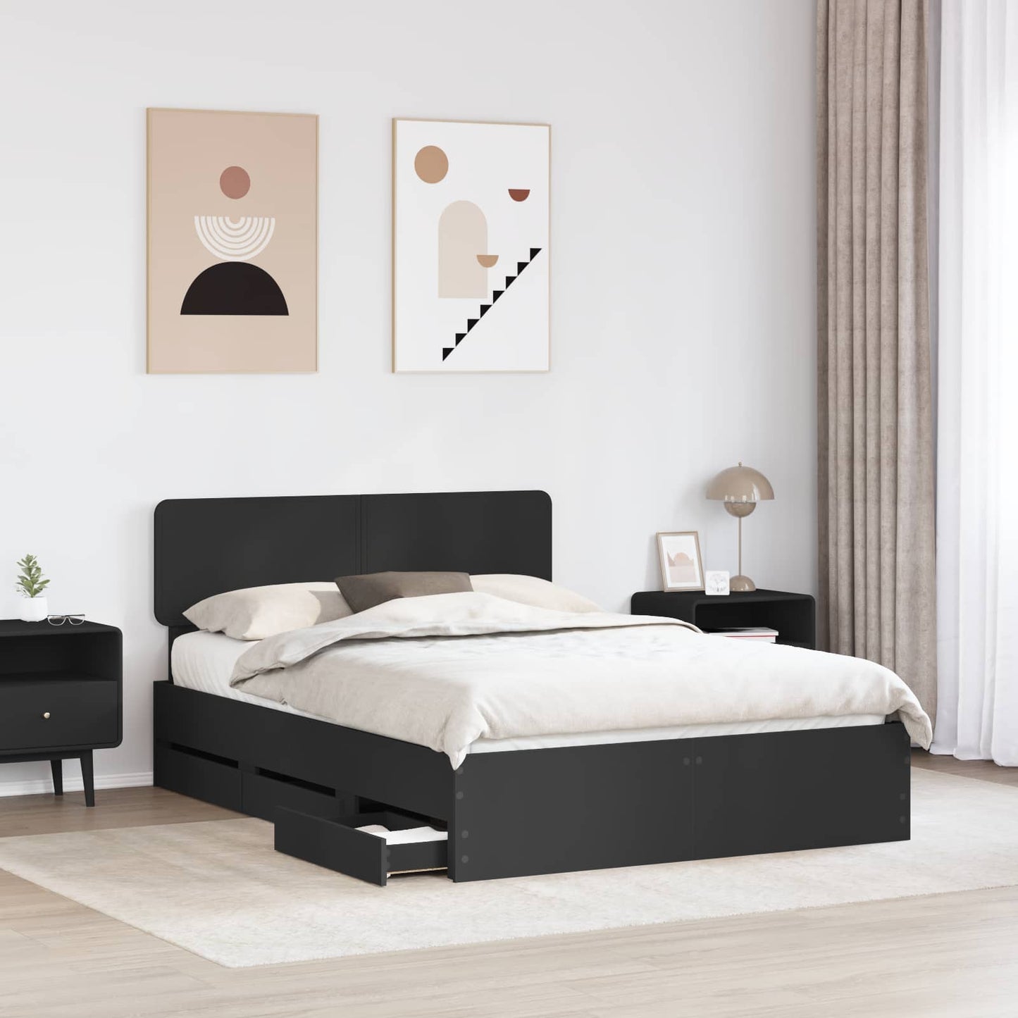 vidaXL Bed Frame with Drawer Black 160 x 200 cm Engineered Wood