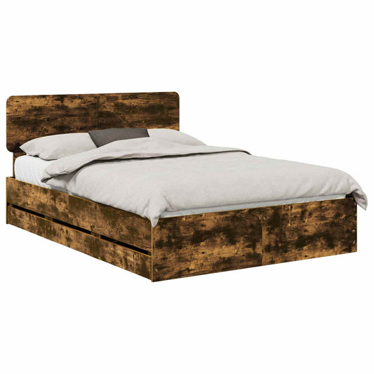 vidaXL Bed Frame with Drawer Smoked Oak 140 x 200 cm Engineered Wood