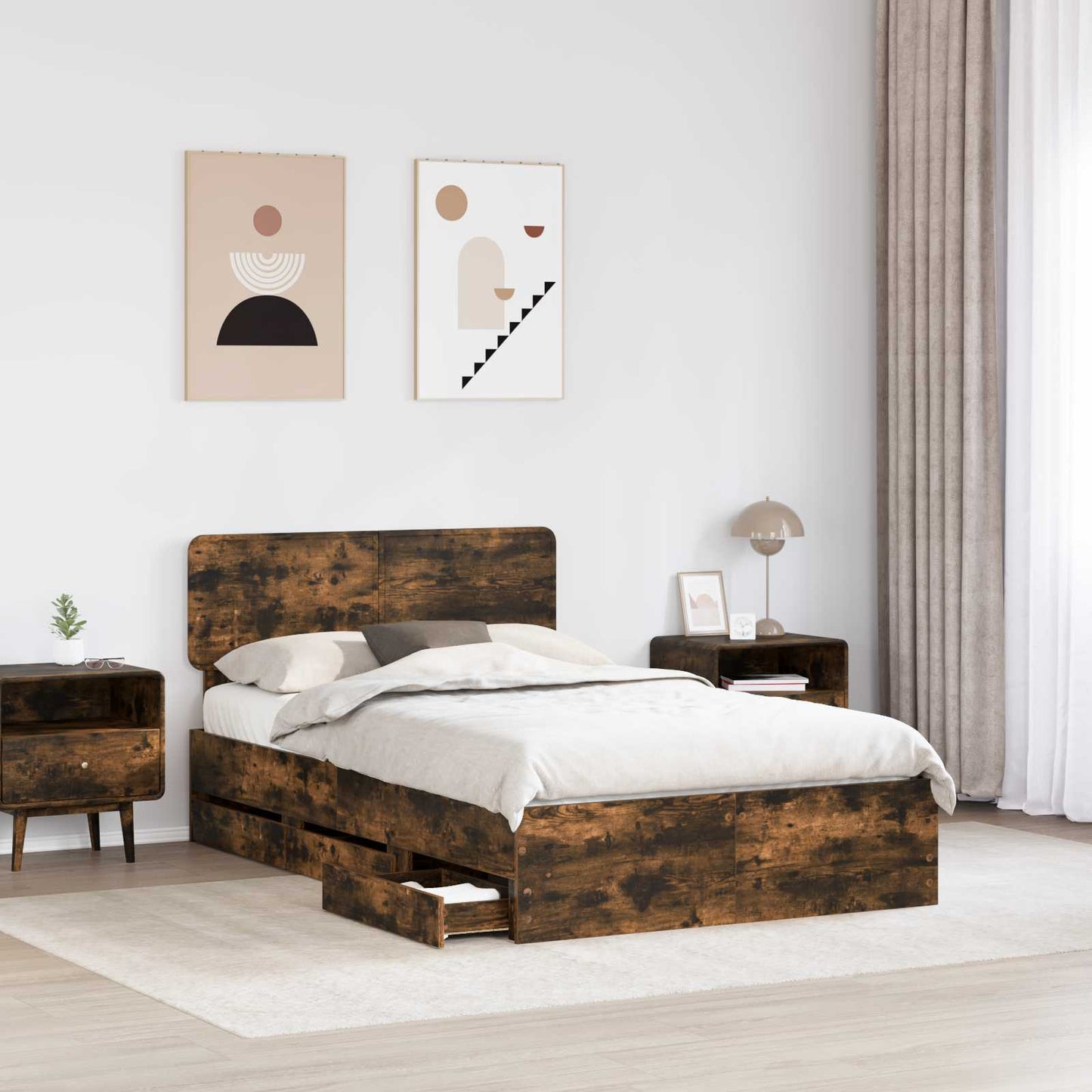 vidaXL Bed Frame with Drawer Smoked Oak 120 x 200 cm Engineered Wood