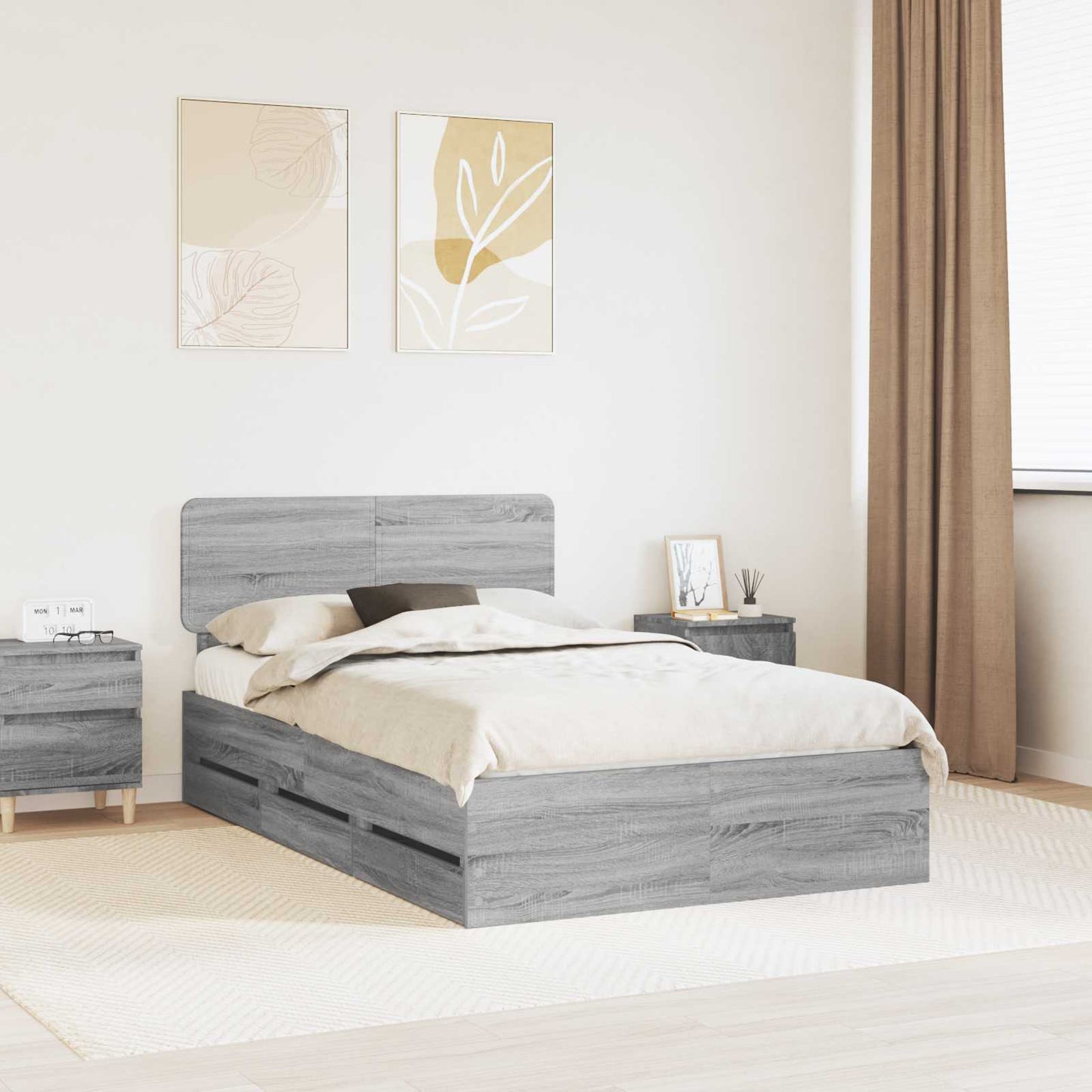 vidaXL Bed Frame with Drawer Grey Sonoma 120 x 190 cm Engineered Wood