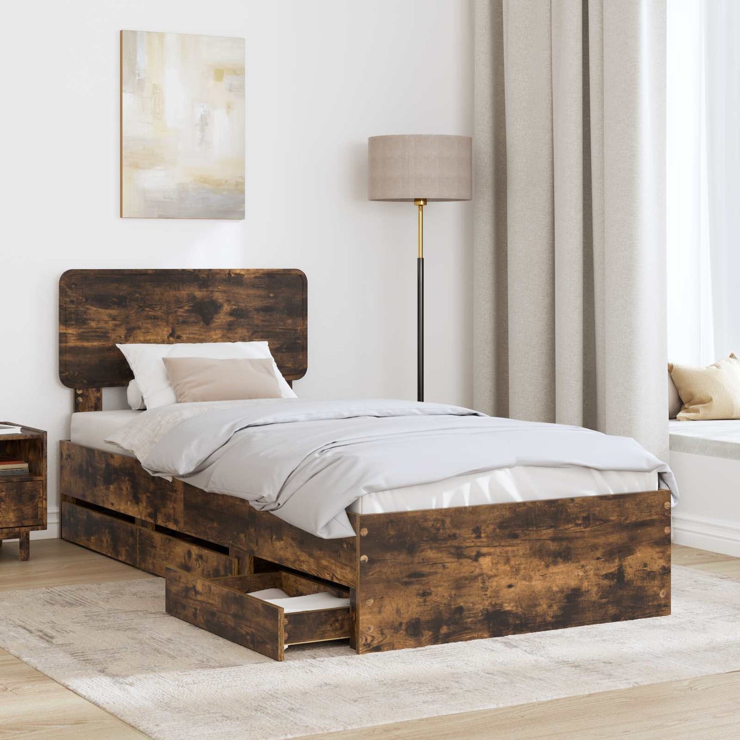 vidaXL Bed Frame with Drawer Smoked Oak 100 x 200 cm Engineered Wood