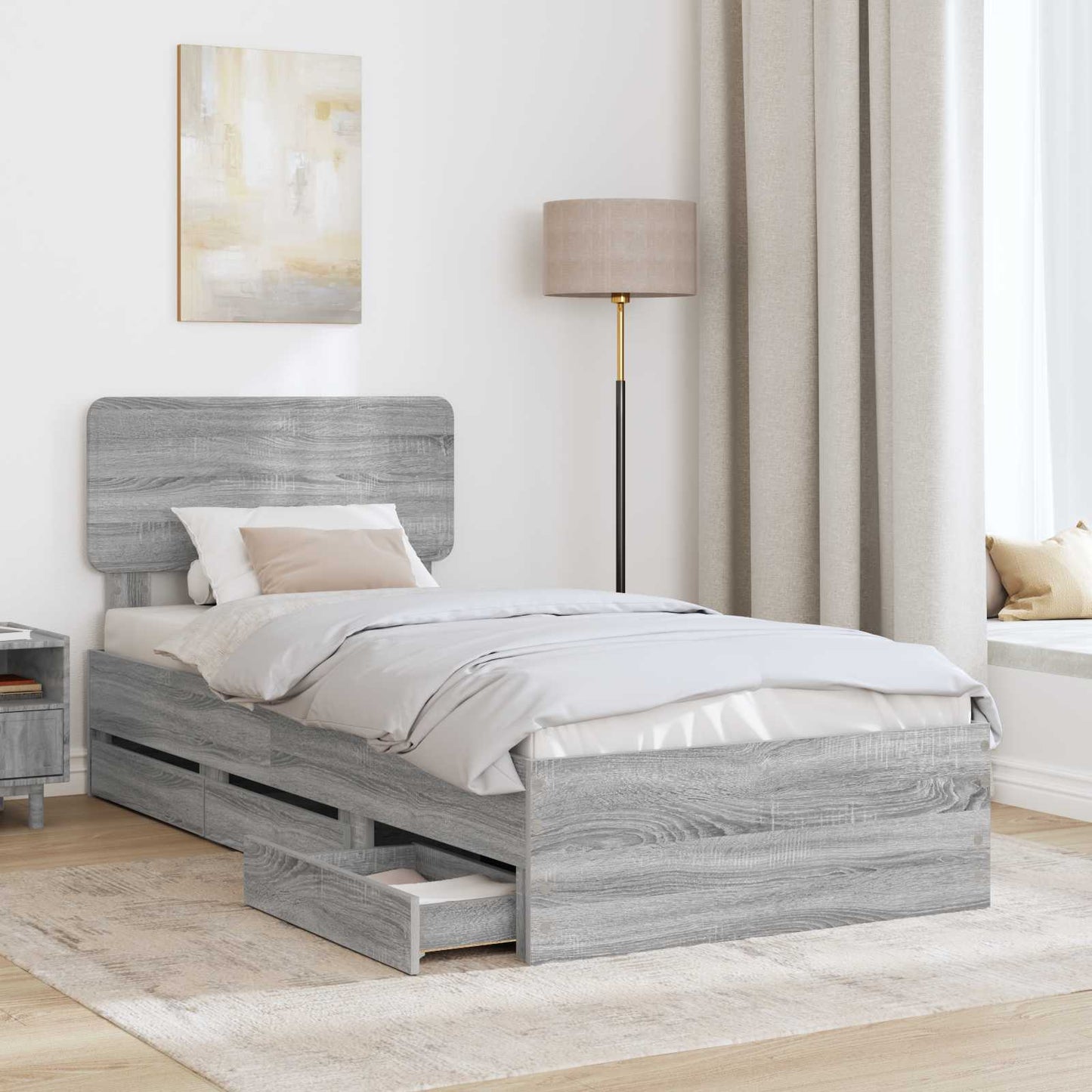 vidaXL Bed Frame with Drawer Grey Sonoma 90 x 200 cm Engineered Wood