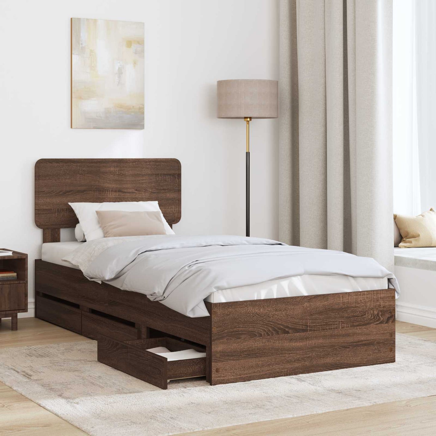 vidaXL Bed Frame with Drawer Brown Oak 90 x 190 cm Engineered Wood