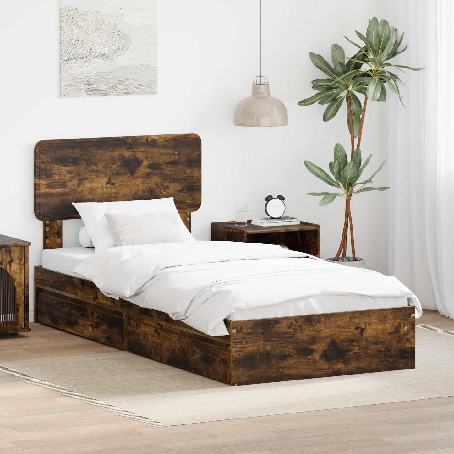 vidaXL Storage Bed with Drawer Smoked Oak 100 x 200 cm Engineered Wood